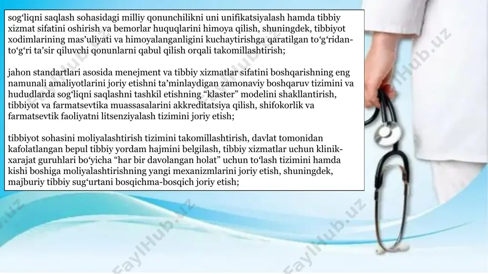 si (keyingi oʻrinlarda – konsepsiya) 1-ilovaga muvofiq; 2019-2021 yillarda oʻzbekiston respublikasi sogʻliqni saqlash tizimini rivojlantirish konsepsiyasini amalga oshirish chora-tadbirlari dasturi (keyingi oʻrinlarda – dastur) 2-ilovaga muvofiq tasdiqlansin. belgilab qoʻyilsinki, vazirlik va idoralar rahbarlari dasturda nazarda tutilgan tadbirlarning oʻz vaqtida, toʻliq va sifatli amalga oshirilishi uchun shaxsan javobgar boʻladilar. vazirlik ikki oy muddatda agentlik tuzilmasi va uning nizomini oʻzbekiston respublikasi vazirlar mahkamasiga tasdiqlash uchun kiritsin. belgilansinki, agentlik faoliyatini tashkil etish davlat sogʻliqni saqlash tizimi organlari va tashkilotlarining shtat sonini optimallashtirish hisobidan “sogʻliqni saqlash” tarmogʻi uchun ajratiladigan byudjet mablagʻlari doirasida amalga oshiriladi. 10. vazirlik manfaatdor vazirlik va idoralar bilan birgalikda: a) bir hafta muddatda oʻzbekiston respublikasi prezidentining vazirlik faoliyatini yanada takomillashtirish boʻyicha tashkiliy chora-tadbirlar toʻgʻrisidagi qarori loyihasini; b) ikki oy muddatda oʻzbekiston respublikasi prezidentining quyidagilarni nazarda tutadigan tibbiy taʼlim va tibbiyot fani tizimini yanada rivojlantirish boʻyicha qarori loyihasini: oʻrta va oliy tibbiy taʼlim tizimini isloh qilish, oʻquv rejalari, dasturlari, oʻquv-uslubiy materiallari va …