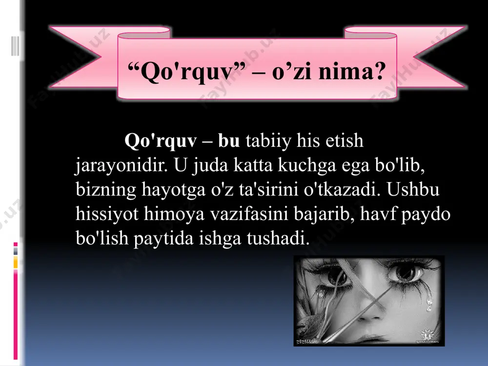 ildingmi? qattiq urdingmi? hech qayering og'rimayaptimi?" mana shu ikki oddiy misol orqali biz bola ongida o'zgarishni paydo bo'lishiga sababchi bo'lamiz. birinchi holatda bolada yiqilishdan bo'lgan og'riqni unutish va bu narsa bola uchun jiddiy o'ylantiradigan narsa emasligini degan fikrni harakat va munosabatimiz bilan tushuntirgan bo'lamiz. ikkinchi holatda esa aksincha, bolada birinchidan ushbu holatga nisbatan negativ munosabat va yiqilish juda jiddiy narsa ekanligini bola ongida muhrlanib qolishiga sababchi bo'lib qolishimiz mumkin. fikrimizni aniqroq qilib aytadigan bo'lsak, bolada yaxshi narsalarni eslab qolishiga ko'makchi bo'lishimiz, yomon narsalarni esa eslab qolmasligi uchun uni chalg'itish va doim yaxshi gapirish kerakligini aytmoqchimiz. bolajonlarga qo'rquv hissidan yiroq bo'lishida biz nima bilan yordam bera olamiz? agarda qo'rquv qorong'ulik bilan bog'liq bo'lsa, u holda: - bolani 21.00 dan o'tkazmasdan uxlatishni tavsiya etamiz; - kunduzi harakatli faoliyat turlari bilan mashg'ul etish; - uyqudan oldin hech qanday faol o'yin turlari bilan mashg'ul bo'lishiga, sarguzashli va ko'p o'ylantiradigan mul'tfil'mlarni tomosha qilishga ruxsat bermaslik; …