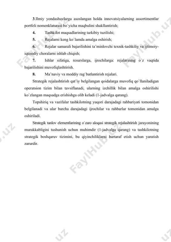 dosh-ligining turli darajalarida resurslarni taqsimlashning ustuvor yo`nalishlari maxsus usul bilan hisoblanadi. 4. rejali ko`rsatkichlarning mosligi - taxminlar prognozini takomillashtirish, shuningdek, rejali muqobil ko`rsatkichlar prognozida hisobga olingan omillar soni yo`li bilan xatolarni kamaytirish. 5. ish yurituv va ko`z ilg`amas parametrlar doirasida rejaviy kelishuv- tashqi muhit omillarining o`zgaruvchanligini tadqiq qilish va ushbu omillarning reja ko`rsatkichlariga ta’sirini o`rganish. 6. rejaning variantliligi - eng kam хarajat bilan mustahkam maqsadga erishishni ta’minlaydigan bir xil maqsadga erishtiradigan va maqbul variantni tanlash yo`li bilan kamida uchta muqobil variantni ishlab chiqish. 7. reja balansi - ierarxiya bo`yicha balans ko`rsatkichlarining uzluksizligi, masalan, daromadlar va хarajatlar balansida, eng muhim ko`rsatkichlar uchun zahirani e’tiborga olishni nazarda tutadi. 8. rejaning iqtisodiy asoslanganligi faqat tizimli tahlil, prognozlashtirish, maqbullashtirish va muqobil variantlarni iqtisodiy asoslash kabi tizimlarni amalga oshirgandan so`nggina, rejali ko`rsatkichlarni tanlash variantining yakuni hisoblanadi. 9. rejalashtirish tizimini avtomatlashtirish – axborotlarni kodlashni rejalashtirish. ob’yektining hayotiy tarzi bo`yicha uning birligi va tizimliligini, tezkor qayta ishlashni, …