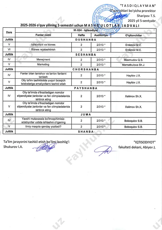 g' uk w 8йrцli zra w l5 yil ý-sentyabr all dars lk-223 - lqtisodiyot (tarmoqlаrva sohalar bo'фiif/ fапlаr nomi hafta auditoriya o'qituvchilar juftlik dushanba i biznes rejalashtirish (tanlov) 2 3/206 - shodiyeva g.m. ll mintaqaviy iqtisodiyot 2 з1206- shodiyeva g.m. juftlik seshanba i таdьirkоrlik va biznes 2 3/206 * lsxakova s.a. ll xizmatlar sohasi iqtisodiyoti (tanlov) 2 3/206 * lsxakova s.a. lli oliy ta'limda amaliyotlarni tashkil etish 2 3/206 - mizayev q.d, juftlik chorshanba i fапlаг bilan tanishuv va tanlov fапlаrпi tanlash 2 3/205 - abdullayeva z.l. ll oliy ta'lim tashkilotida yuqori bosqich talabalariqa аmаliуоtlагпi tashkil etish 2 3/205 - abdullayeva z.l. juftlik payshanba i oliy ta'limda o'tkaziladigan поmdоr stipendiyalar,tanlovlar va fan olimpiadalarida, ishtirok eting 2 3/206 - fozilov v.a. ll yaxshi mutaxassis bo'lmoqchimisiz- adabiyotlar ustida ishlashni о'rgапiпg 2 3/206 - fozilov v.a. juftlik juma l llmiy maqola qanday yoziladi? 2 3/206 - amriyeva sh.sh. il llmiy maqola qanday yoziladi? …