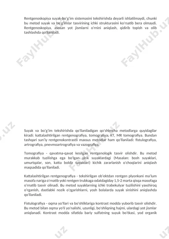 . bunda bo’g’imlarga yod organik birikmalarining suvli eritmalari yuboriladi. kontrast modda sifatida bo’g’im bo'shligiga kislorod yoki havo yuborib ham rentgenologik tasvir olish mumkin. bu metod pnevmoartografiya deb ataladi. vazografiya - suyak va bo’g’imlar qon tomirlarining rentgenologik tadqiqot metodidir. bunda kontrast moddani shu tomirlarga bevosita yuborib tasvirga olinadi. kompyuterli tomografiya - zamonaviy, murakkab va mukammal metodlardan biri hisoblanadi. tasvir quyidagicha hosil qilinadi. bemor atrofida aylanuvchi rentgen trubkasidan tarqalgan nur dastasi tana orqali o'tish jarayonida geterogenlashadi, nur bemorning orqa qarshi tomoniga o'rnatilgan o'ta sezgir hisoblagichlarda qayd qilinib, tez ishlovchi elektron hisoblash mashinasi (ehm) yordamida rekonstruksiyalanadi (qayta tuziladi) va shu sohaning ko'ndalang qatlamlari tasviri hosil qilinadi. kt zichligining farqi juda kam, oddiy rentgenografiyada va tomografiyada tafovut qilinmaydigan organ va to'qimalarning tasvirini sun’iy kontrastlashsiz olishga imkon beradi. kt skeletni tekshirishda asosan bosh suyaklari umurtqalar va bo’g’imlarning rentgen tasvirini olishda keng qo'llaniladi. mr- tomografiya -bemor tanasi orqali o'tkazilgan nurli elektromagnit maydoni ta’sirida vodorot atomlari yadrosi-protonlarning …
