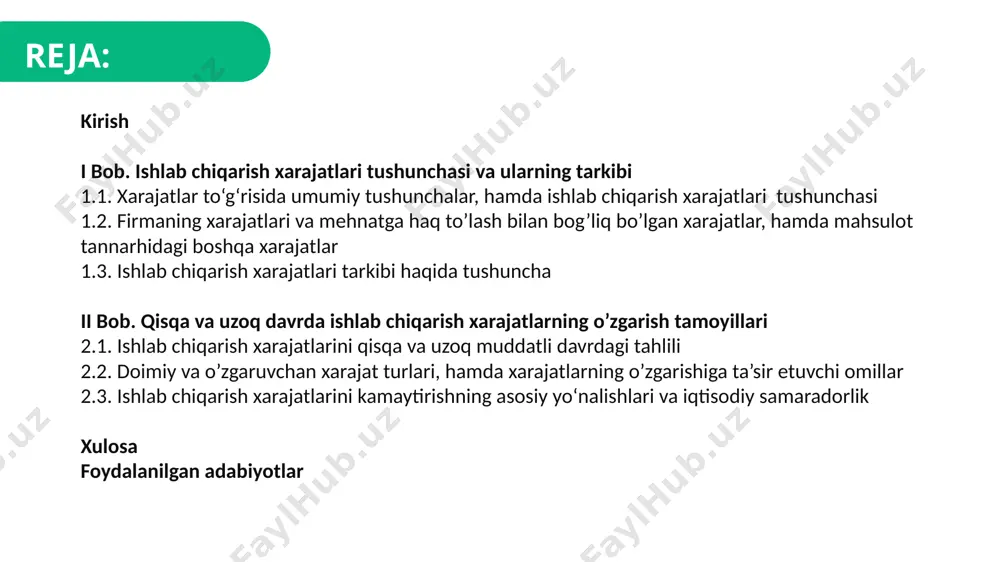 atiga baho berishda, yetakchi ko‘rsatkich hisoblanadi. takrorlayman, iqtisodiyotdagi ishlab chiqarish birliklari (korxona, firma) o‘z faoliyati natijalaridan ko‘proq daromad olishga harakat qiladi. har qanday korxona nafaqat o‘zining tovarini ancha yuqori baholarda sotishga, balki mahsulot ishlab chiqarish va uni sotishga qilinadigan sarf-xarajatlarni kamaytirishga ham intiladi. 1.bob ishlab chiqarish xarajatlari tushunchasi va uning tarkibi ishlab chiqarish xarajatlari tushunchasi – tovar va xizmatlarni ishlab chiqarish va isteʼmolchilarga etkazib berishgacha qilinadigan barcha sarflar tushuniladi. ishlab chiqarish sarf-xarajatlari tarkibiga xom ashyo, asosiy va yordamchi materiallar, yonilgʻi va energiya uchun qilingan xarajatlar, asosiy kapital amortizatsiyasi, ish haqi va ijtimoiy sug’urtalarga ajratmalari, foiz toʻlovlari va boshqa xarajatlar kiradi. ishlab chiqarishga qilingan barcha sarf-xarajatlarning puldagi ifodasi mahsulot tan narxini tashkil qiladi. ishlab chiqarish xarajatlarini ikkiga boʻlib oʻrganish mumkin: - bevosita ishlab chiqarish xarajatlari - muomala xarajatlari. tovar birligining qiymatida ishlab chiqarish xarajatlari faqat uning bir qismini tashkil qiladi. ishlab chiqarish xarajatlari tovar qiymatidan foyda miqdoriga kam boʻladi. muomala xarajatlari …