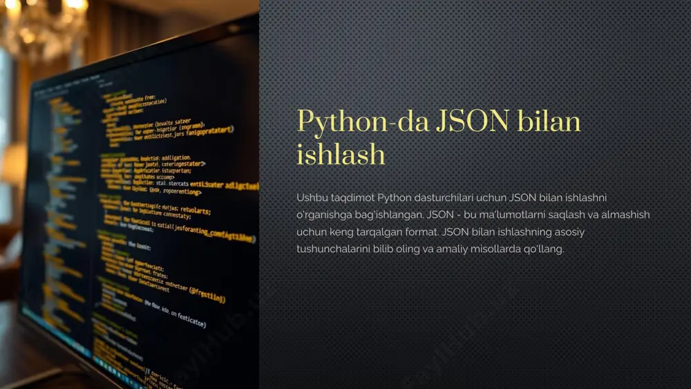 alardan foydalaniladi. sorting ma'lumotlarni saralash uchun sort() metodi ishlatiladi. aggregation ma'lumotlarni to'plash uchun loop va boshqa funksiyalardan foydalaniladi. 9 json bilan ishlashning afzalliklari o'qish oson json formati inson tomonidan o'qish oson. universal json ko'pgina dasturlash tillari va platformalarda qo'llab-quvvatlanadi. yengil json fayllari kichik hajmdagi bo'lib, ularni uzatish va saqlash oson. 10 xulosa json - bu ma'lumotlarni saqlash va almashish uchun kuchli vosita. ushbu taqdimot sizga json bilan ishlashning asosiy tushunchalarini o'rgatdi. amaliy misollardan foydalanib, siz o'z loyihalaringizda json bilan ishlashni boshlaysiz. 11 etiboringiz uchun rahmat audio1.wav image2.jpg image3.png image4.png image5.png image6.png image7.png image8.png image9.png image10.png image11.png image12.png image13.png image14.png image15.png image16.png