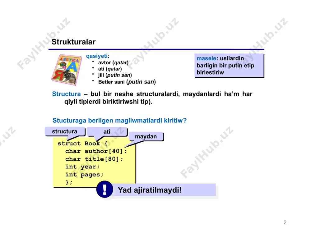 " ); scanf ( "%d", &n ); b = new book[n]; ... // bul jerde massiv toliqtiriladi for ( i = 0; i year, p[i]->title); p[i] p[i] 10 11 programmasi const n = 10; book b[n]; book *p[n], *temp; int i, j; ... // bul jerde strukturani toliqtiramiz for ( i = 0; i = i; j-- ) if ( p[j+1]->year year ) { temp = p[j]; p[j] = p[j+1]; p[j+1] = temp; } for ( i = 0; i year, p[i]->title); book *p[n], *temp; for ( i = 0; i = i; j-- ) if ( p[j+1]->year year ) { temp = p[j]; p[j] = p[j+1]; p[j+1] = temp; } ja’rdemshi ko’rsetkish korsetkishtin’ dastlepki ornalasiwi ko’bikli sortlaw metodi ja’rdeminde sortlaw, bunda strukturalar o’z orninda qaladi tek korsetkishler o’zgeredi 11 12 strukturalarda ko'rsetkish struktura elementlerine ko'rsetkishler arqali' murajat yetiw mu'mkin. woni'n' ushi'n strukturag'a ko'rsetkish wo'zgeriwshisi dag'aza yetiliwi kerek. mi'sali', joqari'da …