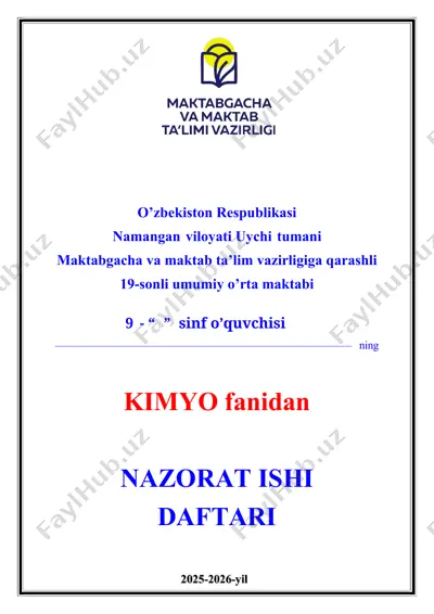 9-sinf kimyo fanidan nazorat ishi daftari 2025-2026-yil uchun maxsus — DOCX