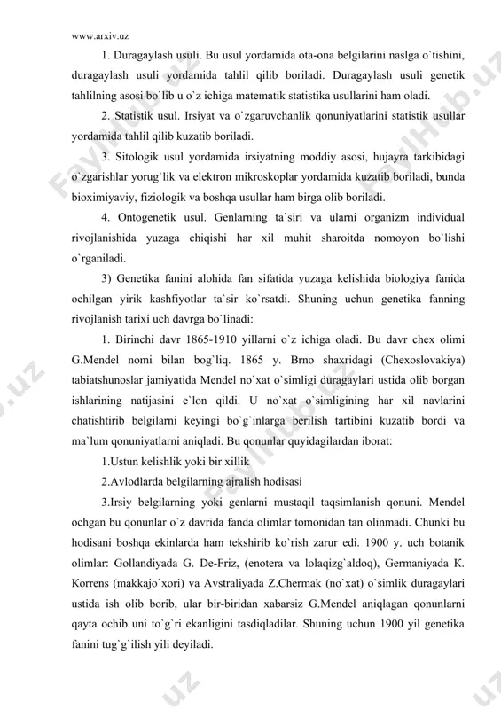 a va lolaqizg`aldoq), germaniyada к. кorrens (makkajo`xori) va avstraliyada z.chermak (no`xat) o`simlik duragaylari ustida ish olib borib, ular bir-biridan xabarsiz g.mendel aniqlagan qonunlarni qayta ochib uni to`g`ri ekanligini tasdiqladilar. shuning uchun 1900 yil genetika fanini tug`g`ilish yili deyiladi. 2. ikkinchi davr 1911-1953 yillar hisoblanadi. bu davrda irsiyatni moddiy negizini aniqlash ustida kuzatishlar olib borildi. 1911 yilda amerika genetigi tomas morgan va uning shogirdlari irsiyatning xromosom nazariyasini yaratdi. u drozofila - meva pashshasi bilan olib borgan tajribalarida belgilar naslga o`tishi xromosomalar bilan bog`liqligini, genlar xromosomalarni moddiy bo`lakchalari ekanligini, ular xromosoma tarkibida zanjir shaklida joylashgan bo`ladi degan ta`limotni yaratdi. t.morgan aniqlagan bu yangilik keyinchalik boshqa olimlar laboratoriya ishlarida ham tasdiqlandi va genlar hujayra yadrosi tarkibidagi xromosomalarda joylashganligi va ular jinsiy hujayralar orqali urug`lanish davrida naslga o`tishi tasdiqlandi. 1925 yilda. g.a.nadson va g.s.fillipov birinchi marta zamburug`larga radiy nuri, 1927 1. g.meller drozofila pashshasiga rentgen nuri ta`sir ettirib irsiy o`zgarishlar mutasiya hosil qilish usulini …