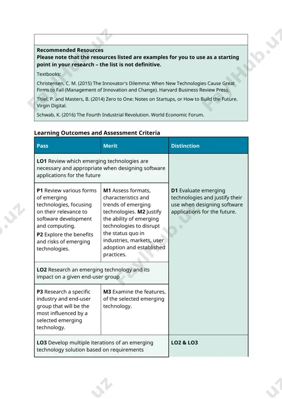 en, c. m. (2015) the innovator's dilemma: when new technologies cause great firms to fail (management of innovation and change). harvard business review press. thiel, p. and masters, b. (2014) zero to one: notes on startups, or how to build the future. virgin digital. schwab, k. (2016) the fourth industrial revolution. world economic forum. learning outcomes and assessment criteria pass merit distinction lo1 review which emerging technologies are necessary and appropriate when designing software applications for the future p1 review various forms of emerging technologies, focusing on their relevance to software development and computing. p2 explore the benefits and risks of emerging technologies. m1 assess formats, characteristics and trends of emerging technologies. m2 justify the ability of emerging technologies to disrupt the status quo in industries, markets, user adoption and established practices. d1 evaluate emerging technologies and justify their use when designing software applications for the future. lo2 research an …
