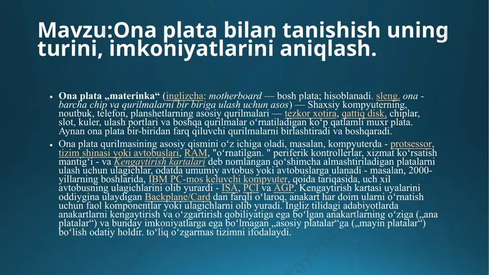 g elektron tarkibiy qismini tashkil qiladi. u yoki bu ishlab chiqaruvchilar tomonidan yaratilgan standartlashtirilgan ona plata modeli unda qo‘llanilgan mikrosxemalar to‘plami va elementlarning joylashish topologiyasi bilan belgilanadi. standartlashtirilgan g‘ilof shakliga qarab, o‘lchami bo‘yicha turli ona platalar ishlab chiqariladi. shaxsiy kompyuterlar uchun eng keng tarqalgan ona plata formatlari at, atx (305×244 mm o‘lchamli), mikro atx (244×244 mm) va flexatx (229×191 mm). zamonaviy ona platalarning asosini tashkil etuvchilari, uning g‘ilofiga joylashtirilgan bo‘ladi: protsessor razyomlari, kengaytirish slotlari bilan magistral liniyalari, apparat xotira modullarining razyomlari, chipset mikrosxemalari uchun razyomlar. bu konstruktiv elementlar yuqori darajali birlashtirish bilan apparat pog‘onasidagi asosiy elektron tashkil etuvchilarni birlashtiradi. ko‘pincha ona platalarda audio va video vositalarning elektron tashkil etuvchilari joylashtiriladi. tashqi qurilmalarning tizimli blokka ulanishi, razyomlari tizimli blokning old yoki orqa panellarga joylashtirilgan, tashqi interfeys vositalari yordamida tashkil qilinadi. masalan, sichqoncha ko‘rinishidagi boshqaruv qurilmasini ulash uchun com-port, bosmaga chiqarish qurilmasi uchun lpt-port ishlatiladi. hozirgi kunda o‘nlab firmalar tuzilishi, ular tomonidan …