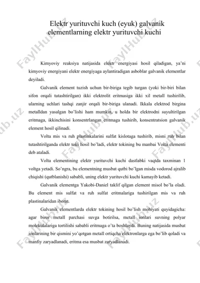 elektr yurituvchi kuch (eyuk) galvanik elementlarning elektr yurituvchi kuchi — DOC