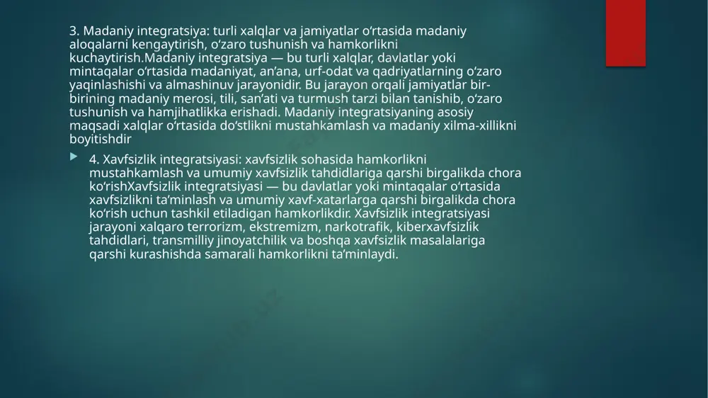 masalalarini muhokama qilib, hamkorlikni kuchaytirmoqda. 3. iqtisodiy va savdo aloqalari oʻzbekiston ochiq iqtisodiy siyosati xorijiy investitsiyalarni jalb qilish, eksportni oshirish va savdo hamkorlarini kengaytirish imkonini yaratmoqda. mamlakat soʻnggi yillarda jahon savdo tashkiloti (wto)ga aʼzo boʻlish yoʻlida faol ish olib bormoqda, bu esa xalqaro savdo tizimiga qoʻshilishni anglatadi. oʻzbekiston xitoy, rossiya, janubiy koreya, turkiya va boshqa davlatlar bilan hamkorlikni rivojlantirish uchun keng koʻlamli shartnomalar va investitsion loyihalarni amalga oshirayotgan boʻlib, bu iqtisodiyotni diversifikatsiya qilish va raqobatbardoshligini oshirishga xizmat qilmoqda. 4. transport va logistika o’zbekiston oʻzining markaziy osiyo mintaqasida joylashgan strategik geografik holatidan kelib chiqib, xalqaro transport koridorlarini rivojlantirish va yangi ipak yoʻli tashabbusida ishtirok etishga katta eʼtibor qaratmoqda. mamlakat xitoy, afgʻoniston va boshqa davlatlar bilan transport infratuzilmasini yaxshilash borasida loyihalarni amalga oshirib, oʻzbekistonni xalqaro savdo yoʻllarining muhim boʻgʻiniga aylantirishga intilmoqda. 5. inson huquqlari va demokratik islohotlar o’zbekiston soʻnggi yillarda inson huquqlarini himoya qilish va demokratik islohotlarni chuqurlashtirish borasida katta siljishlarni amalga …