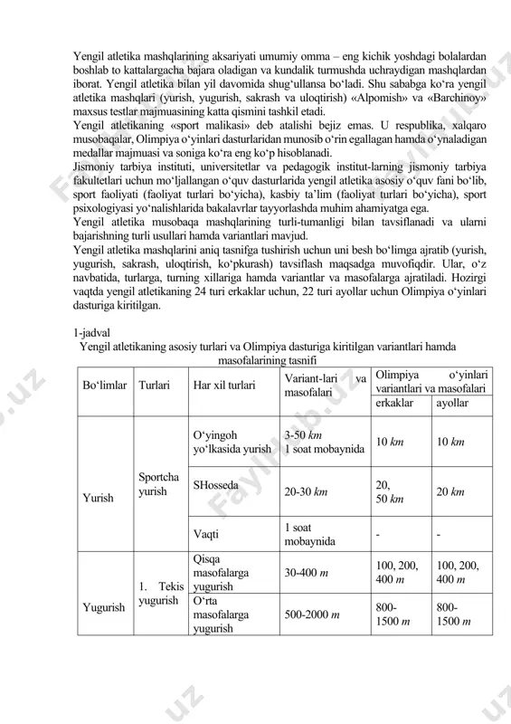 mi engib o‘tishning tabiiy shaku bo‘lib, bunda qisqa vaqt ichida asab-mushak kuchining maksimal zo‘riqishi kuzatiladi. sakrash oyoq va badan mushaklarini kuchaytirish hamda sakrash qobiliyatini oshirish uchun eng zarur mashqlardan hisoblanib, faqat engil atletlar uchun emas, balki basketbolchilar, voleybolchilar, gandbolchilar va futbolchuarga ham zarurdir. yengil atletikada balandlikka va uzunlikka sakrash turi farqlanadi. balandlikka sakrash o‘z navbatida yugurib kelib, joydan turib, langarcho‘p bilan balandhkka sakrashga bo‘linadi. uzunlikka sakrash esa yugurib kelib, joyidan turib, uch hatlab uzunlikka sakrash turlariga bo‘linadi. balandlikka sakrashning “oshib o‘tish”, “qaychisimon o‘tish” va „fosberi flop“ usullari qo‘llaniladi. amerikalik sportchi fosberi (1968y.) meksikadagi olimpiada o‘yinlarida shu usulda sakrab g‘alaba qozongan. uzunlikka sakrashning joyidan turib sakrash, yugurib kelib sakrash, oyoqlarni bukkan holda, „qaychisimon" va egilib sakrash va uch hatlab sakrash usullari mavjud. uloqtirish mashqlari maxsus snaryadlarni uzoqqa irg‘itish vauloqtirishdan iborat. uloqtirish mashqlari vaqtida asab-mushaklar qisqa vaqt ichida maksimal zo‘riqadi. bunda qo‘l, elka kamari va badan mushaklarigina emas, balki oyoq mushaklari ham …