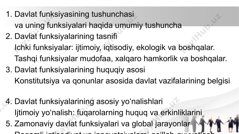 ‘larini shakllantirish va taqsimlash. soliq tizimini boshqarish. mamlakat iqtisodiyotini rivojlantirishga qaratilgan dasturlarni amalga oshirish. 3. ma’muriy usul davlat o‘z funksiyalarini ma’muriy buyruq va ko‘rsatmalar orqali davlat funksiyalarining huquqiy asosi konstitutsiya va qonunlar orqali belgilangan bo‘lib, ular davlatning asosiy vazifalari va faoliyat yo‘nalishlarini huquqiy jihatdan tartibga soladi. konstitutsiya – bu davlatning bosh huquqiy hujjati bo‘lib, unda: davlatning asosiy funksiyalari (masalan, ichki va tashqi siyosat, ijtimoiy himoya, iqtisodiy boshqaruv) aniqlanadi. fuqarolarning huquq va erkinliklari kafolatlanadi. davlat organlarining tuzilishi va ularning vakolatlari belgilab beriladi. qonunlar esa: konstitutsiyadan kelib chiqqan holda davlat funksiyalarini batafsil tartibga soladi. muayyan sohalardagi davlat vazifalarini amalga oshirish uchun me’yoriy-huquqiy bazani yaratadi. davlat va fuqarolar o‘rtasidagi huquqiy munosabatlarni boshqaradi. shunday qilib, davlat funksiyalarining amalga oshirilishi faqat huquqiy asoslarga tayangan holda, ya’ni konstitutsiya va qonunlarga muvofiq amalga oshiriladi. bu davlat boshqaruvining qonuniyligi va adolatli ekanligini ta’minlashga xizmat qiladi. davlat funksiyalarining huquqiy asosi konstitutsiya va qonunlar orqali belgilangan bo‘lib, ular davlatning asosiy …