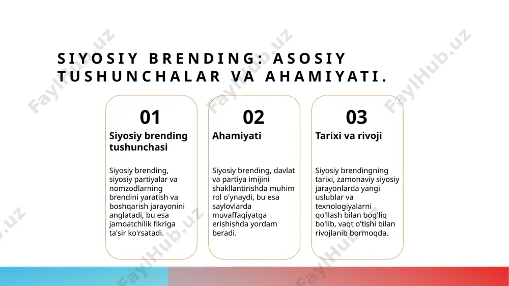 amoatchilik fikrini shakllantirishda ta'sirli misol bo'lib xizmat qiladi. siyosiy brending texnologiyalari: partiyaviy brendning asosiy tamoyillari. partiyaviy brend nima? partiyaviy brend, siyosiy partiyaning o'ziga xos identiteti va imijini yaratish jarayonidir, bu esa saylov kampaniyalarida muhim ahamiyatga ega. brend strategiyalari partiyaviy brendni yaratishda strategik yondashuvlar, jumladan, maqsadli auditoriyani aniqlash va ularni jalb qilish, brend muvaffaqiyatini ta'minlaydi. brendni boshqarish partiyaviy brendni muvaffaqiyatli boshqarish, jamoatchilik fikrini monitoring qilish va o'zgaruvchan sharoitlarga moslashishni talab etadi, bu esa ishonchni oshiradi. davlat brendini yaratish: strategiyalar va muvaffaqiyatli misollar. davlat brendi tushunchasi davlat brendi, davlatning xalqaro maydondagi imiji va identitetini yaratish jarayonidir, bu esa xarakterli xususiyatlar bilan belgilanadi. strategiyalar davlat brendini yaratishda strategiyalar, maqsadli auditoriyani aniqlash, kommunikatsiya kanallarini tanlash va brendning asosiy xususiyatlarini belgilashni o'z ichiga oladi. muvaffaqiyatli misollar singapur va janubiy koreya kabi davlatlar, innovatsion siyosat va iqtisodiy o'sish orqali o'z brendlarini muvaffaqiyatli yaratdi, xalqaro tan olinmoqda. mintaqaviy siyosiy brending: mahalliy identitet va uning ahamiyati. mintaqaviy brending …