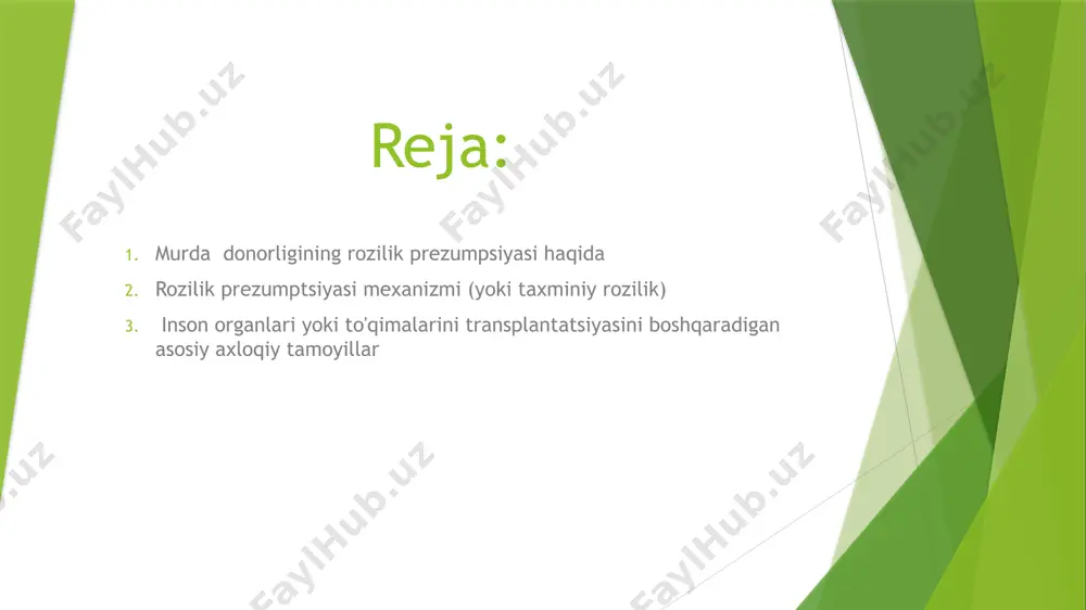 malga oshiriladi. sud-tibbiy ekspertiza zarur bo'lgan taqdirda, jasaddan organlar va (yoki) to'qimalarni olib tashlash uchun ruxsat ham sud-tibbiy ekspert tomonidan prokurorga xabarnoma bilan berilishi kerak. rozilik prezumptsiyasi mexanizmi (yoki taxminiy rozilik) ushbu tamoyil odatdagi kollektsiyadan farq qiladi, chunki o'limdan keyin organlarni yig'ish uchun maxsus ruxsat so'ralmasa ham, bunday to'plamga rozilik beriladi, ya'ni bunday manipulyatsiyadan bosh tortmaslik ko'rsatilgan. transplantatsiya to'g'risidagi amaldagi qonunda, o'limidan keyin ham shaxsning o'zi, ham oldindan, uning qarindoshlari ham rad etish huquqi berilgan. inson organlari yoki to'qimalarini transplantatsiyasini boshqaradigan asosiy axloqiy tamoyillar inson a'zolarini sotib olish va sotish ob'ekti deb hisoblash mumkin emas. 2. tirik donordan transplantatsiya faqat boshqa odamning hayotini saqlab qolish uchun ixtiyoriy fidoyilikka asoslangan bo'lishi mumkin. bunday holda, organni olib tashlashga rozilik sevgi va rahm-shafqatning namoyon bo'lishiga aylanadi. 3. potentsial donor organ eksplantatsiyasining uning sog'lig'i uchun mumkin bo'lgan oqibatlari to'g'risida to'liq ma'lumotga ega bo'lishi kerak 4. donorning hayotiga bevosita tahdid soladigan eksplantatsiyaga axloqan yo'l qo'yilmaydi. …