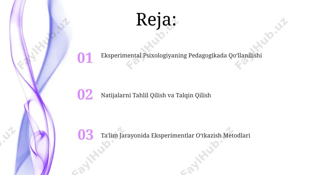 lik namunada toshkentdagi maktablarda o'quv samaradorligini o'rganishga imkon beradi. eksperimental psixologiyaning pedagogikada o'rni eksperimental psixologiyaning pedagogikadagi roli, masalan, 200 talaba ustida o'tkazilgan toshkentdagi tadqiqotlarda, o'quv jarayonini 30% ga yaxshilashga olib keldi. kognitiv psixologiyaning eksperimental usullari, xususan, xotira va e’tiborni o’rgatish bo’yicha 5 ta turli eksperiment natijalari samarqanddagi maktablarda o’qitish samaradorligini oshirdi. ta'lim jarayonida eksperiment o'tkazish metodlari o'zbekistondagi 50 ta maktabda o'tkazilgan eksperiment natijalari shuni ko'rsatdiki, o'quv jarayoniga o'yin elementlarini qo'shish 20% ga o'quvchilarning bilim o'zlashtirish ko'rsatkichlarini oshirdi. samarqand davlat universiteti psixologiya kafedrasi tomonidan ishlab chiqilgan 3 bosqichli eksperiment modeli, o'quvchilarning motivatsiyasi va bilim darajasini baholashda katta aniqlikni ta'minlaydi. pedagogik eksperimentlarning etik jihatlari pedagogik eksperimentlarda ishtirokchilarning xabardor roziligini olish, 18 yoshdan kichik bolalar bilan ishlashda ota-onalarining yozma roziligiga ega bo'lish, shuningdek, ma'lumotlarning maxfiyligi va anonimligi kabi 2000 yildan beri jahon miqyosida qabul qilingan helsinki deklaratsiyasi talablariga rioya qilish zarur. samarqand davlat universiteti kabi yirik oliy o'quv yurtlarida o'tkazilgan tadqiqotlar shuni ko'rsatadiki, …