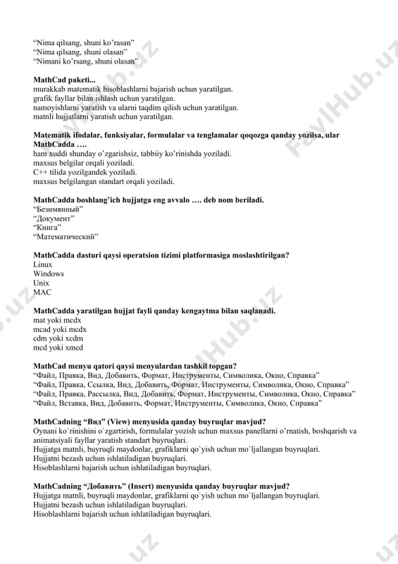 arayonini va undan foydalanishni aks ettiruvchi hujjatlardagi matematik ifodalarni tasvivirlash jarayoni. biror ob`ekt yoki ob`ektlar tizimining taqdim qilingan matematik o`lchovlari tavsifi. fizik model deganda nima tushuniladi? narsa yoki ob`ektni xayoliy tasavvur qilish orqali formula va chizmalar yordamida o`rganishda qo`llaniladigan model. o`rganilayotgan ob`ektni kichiklashtirib yasash yordamida tadqiqot o`tkazishda qo`llaniladigan model. turli tirik ob`ektlar va ularning qismlari - molekula, hujayra, organizm va boshqalarga xos biologik tuzilishi, funktsiya va jarayonlari modeli. kompyuterda yaratilgan va tasvirga tushirilgan ob’ekt shakli. biologik model deganda nima tushuniladi? turli tirik ob`ektlar va ularning qismlari - molekula, hujayra, organizm va boshqalarga xos biologik tuzilishi, funktsiya va jarayonlari modeli. narsa yoki ob`ektni xayoliy tasavvur qilish orqali formula va chizmalar yordamida o`rganishda qo`llaniladigan model. o`rganilayotgan ob`ektni kichiklashtirib yasash yordamida tadqiqot o`tkazishda qo`llaniladigan model. kompyuterda yaratilgan va tasvirga tushirilgan ob’ekt shakli. kompyuterli modellashtirish qanday jarayon? hodisa va jarayonlarning modelini kompyuterda yaratish, saqlash, tahlil qilish va o`rganish. har qanday jarayonni o`rganish uchun uning …