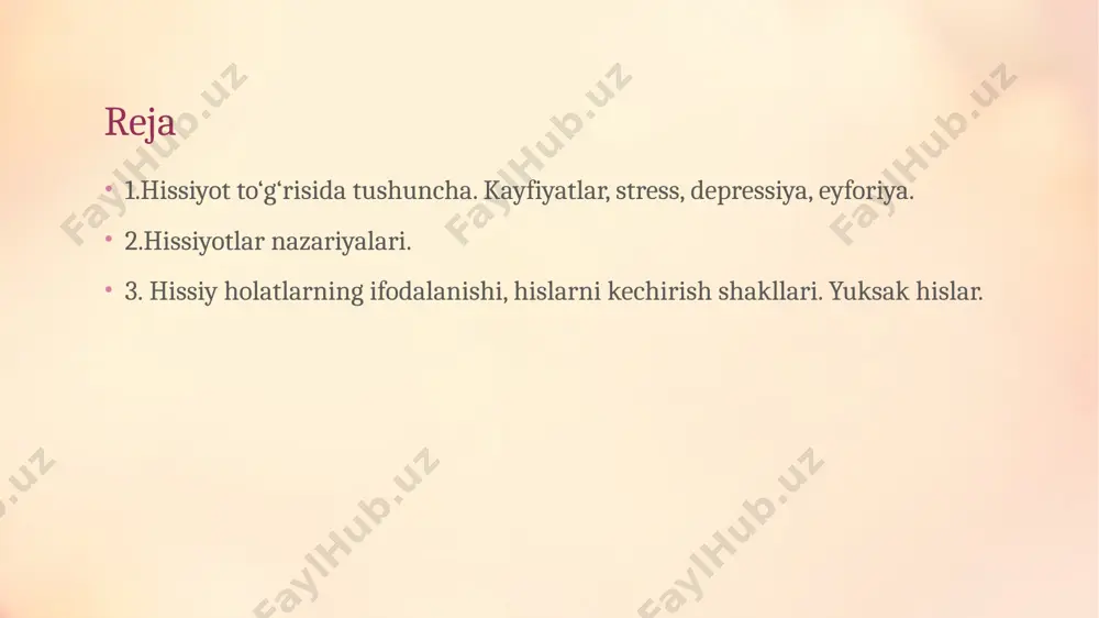 ir. m.vohidovning "bolalar psixologiyasi" o’quv qo’llanmasida hissiyot deb - tashqi olamdagi narsa va hodisalarga bo’lgan ichki kechinmalarimizning ongimizda aks ettirilishga aytiladi. q.turg’unov muallifligidagi lug’atda hissiyot-shaxsning voqelikdagi narsa va hodisalarga, kishilarga hamda o’z-o’ziga bo’lgan munosabatlarida kelib chiqadigan yoqimli yoki yoqimsiz kechinmalardan iborat. professor e.g’oziev muallifligidagi "umumiy psixologiya" darsligida hissiyot- odamda, tirik mavjudotlar miyasida, ya'ni shaxslarning ehtiyojlarini qondiruvchi va unga monelik qiluvchi ob'ektlarga nisbatan uning munosabatlarini aks ettirish ma'nosida qo’llaniladi. [xaydarova] . ilmiy nuqtai nazardan kelib chiqib tashlil qilinganda “hissiyot" odatda tirik mavjudodlar miyasida, ya'ni shaxslarning ehtiyojlarini qondiruvchi va unga monelik qiluvchi ob'ektlarga nisbatan uning (odamning) munosabatlarini aks ettirish ma'nosida qo’llaniladi. jahon psixologiyasida "hissiyot" bilan "emosiya" terminlari (ayniqsa chet mamlakatlarda) bir xil ma'noda ishlatiladi, lekin ularni aynan bir xil holat deb tushunish mumkin emas. bunday nuqson ommabop adabiyotlarda, chet ellarda chop etilgan darsliklarda aksariyat hollarda uchraydi. odatda tashqi alomatlari yaqqol namoyon bo’ladigan his-tuyg’ularni ichki kechinmalarda ifodalanishdan iborat psixik jarayon yuzaga kelishining aniq …