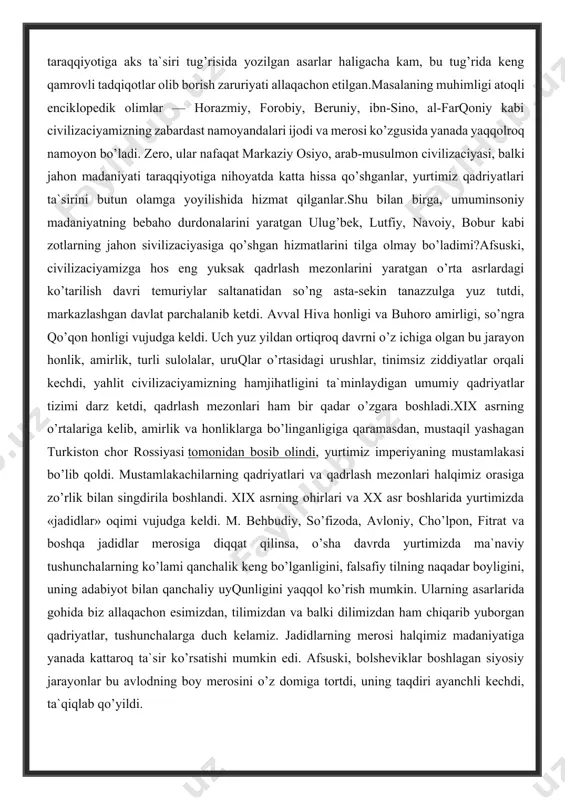 yuz tutdi, markazlashgan davlat parchalanib ketdi. avval hiva honligi va buhoro amirligi, so’ngra qo’qon honligi vujudga keldi. uch yuz yildan ortiqroq davrni o’z ichiga olgan bu jarayon honlik, amirlik, turli sulolalar, uruqlar o’rtasidagi urushlar, tinimsiz ziddiyatlar orqali kechdi, yahlit civilizaciyamizning hamjihatligini ta`minlaydigan umumiy qadriyatlar tizimi darz ketdi, qadrlash mezonlari ham bir qadar o’zgara boshladi.xix asrning o’rtalariga kelib, amirlik va honliklarga bo’linganligiga qaramasdan, mustaqil yashagan turkiston chor rossiyasi tomonidan bosib olindi, yurtimiz imperiyaning mustamlakasi bo’lib qoldi. mustamlakachilarning qadriyatlari va qadrlash mezonlari halqimiz orasiga zo’rlik bilan singdirila boshlandi. xix asrning ohirlari va xx asr boshlarida yurtimizda «jadidlar» oqimi vujudga keldi. m. behbudiy, so’fizoda, avloniy, cho’lpon, fitrat va boshqa jadidlar merosiga diqqat qilinsa, o’sha davrda yurtimizda ma`naviy tushunchalarning ko’lami qanchalik keng bo’lganligini, falsafiy tilning naqadar boyligini, uning adabiyot bilan qanchaliy uyqunligini yaqqol ko’rish mumkin. ularning asarlarida gohida biz allaqachon esimizdan, tilimizdan va balki dilimizdan ham chiqarib yuborgan qadriyatlar, tushunchalarga duch kelamiz. jadidlarning merosi …