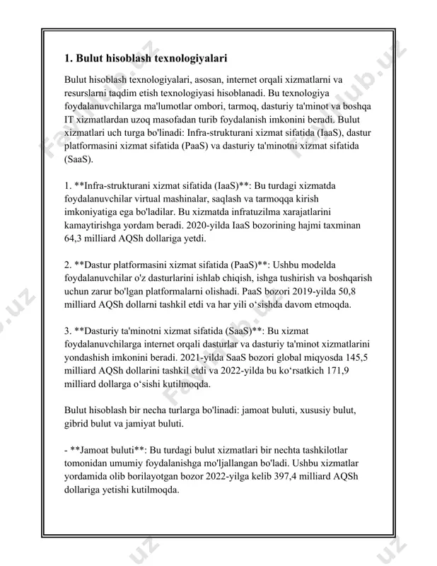 tirishlari mumkin. bu masalan milesweb va hostgator kabi xizmatlar tomonidan ta'minlanadi. 2. **tejamkorlik**: bulutli ma'lumotlar saqlash odatda an'anaviy saqlash tizimlariga qaraganda arzonroq bo'ladi. foydalanuvchilar faqat foydalanilgan joy va funksiyalar uchun to'laydilar, bu esa ularni samaraliroq va tejamkor qilib qo'yadi. gartner kompaniyasining 2021 yildagi tadqiqotiga ko'ra, korxonalar bulutli texnologiyalarga o'tish orqali saqlash xarajatlarini 30% gacha kamaytirishi mumkin. 3. **ma'lumotlarga kirishning qulayligi**: bulutli ma'lumotlar saqlash imkonlari bilan foydalanuvchilar o'z ma'lumotlariga istalgan joydan va istalgan vaqtda kirishlari mumkin. buning uchun internetga ulanish kifoya. bu esa o'z navbatida ish jarayonlarini yanada samarali va tezroq qiladi. 4. **havfsizlik va yangilanishlar**: ko'pgina bulut xizmatlari kuchli xavfsizlik choralarini qo'llaydi, masalan, amazon web services (aws) va google cloud platform (gcp) kabi yirik kompaniyalar ma'lumotlarning shifrlanishi, kirish ruxsatlari va xavfsizlik protokollarini ta'minlaydi. bulut xizmatlari ma'lumotlarning avtomatik yangilanib turishini va zaxira nusxalarini yaratishni ham ta'minlaydi. 5. **jahon miqyosidagi mavjudlik va ishlash tezligi**: bulutli saqlash xizmatlari odatda ma'lumotlarni bir nechta global …