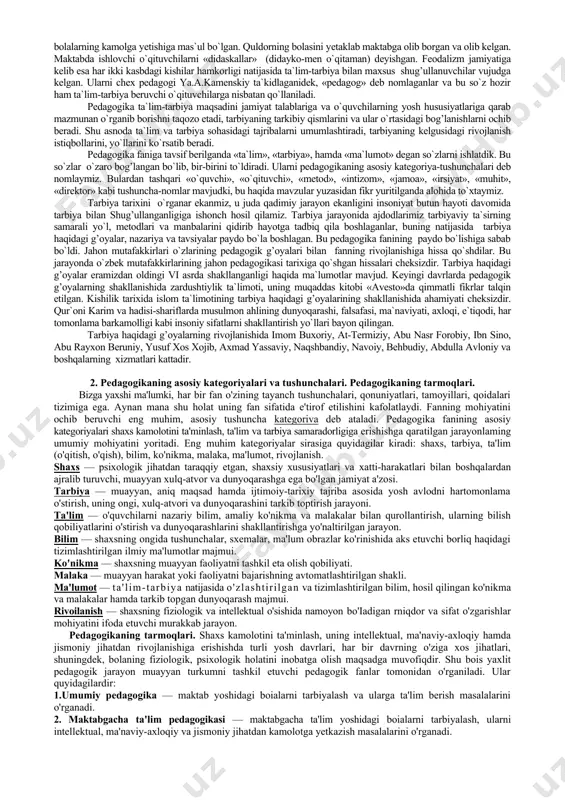 lanishiga asos bo'lib xizmat qilgan. ibtidoiy jamoa tuzumida odamlarning guruh-guruh bo'lib hayot kechirishi sababli bojalarga tirikchilik o'tkazish yo'lidagi faoliyat (o'simlik mevalari, ildizlarini terish, hayvonlarni ovlash)ni tashkil etish borasidagi tajribalarni o'rgatish guruh a'zolari tomonidan birdek amalgam oshirilgan. bilimlar, aksariyat hollarda, mehnat va o'yin jarayonlarida o'zlashtirilgan. mehnat faoliyatini tashkil etish jinsiy xarakterga ega bo'lganligi bois o'g'il va qiz bolalarni tarbiyalashda o'ziga xos jihatlar ko'zga tashlangan. oila, xususiy mulk va davlatning paydo bo'lishi ijtimoiy tarbiya mazmunida ham tub o'zgarishlarning sodir etilishi, quldorlarning paydo bo'lishiga olib keldi. aynan mana shu davrdan tarbiya jamiyatning ijtimoiy talab va ehtiyojlari asosida yo'lga qo'yila boshladi. erkin fuqarolarni tarbiyaning maqsadi, vazifalari, mazmuni va vositalari borasidagi flkrlar demokratik, platon va aristotellarning asarlarida muhim o'rin egallagan. mutafakkirlarning asarlarida ushbu fikrlar mustaqil pedagogik nazariya sifatida emas, balki falsafiy qarashlar yoki jamiyatni tashkil etish loyihasining muhim komponenti tarzida bayon etilgan. ushbu davrda tabiiy-ijtimoiy fanlar tizimi shakllanishi uchun boshlang'ich asoslar qo'yildi. quldorlik tuzumida erkin …