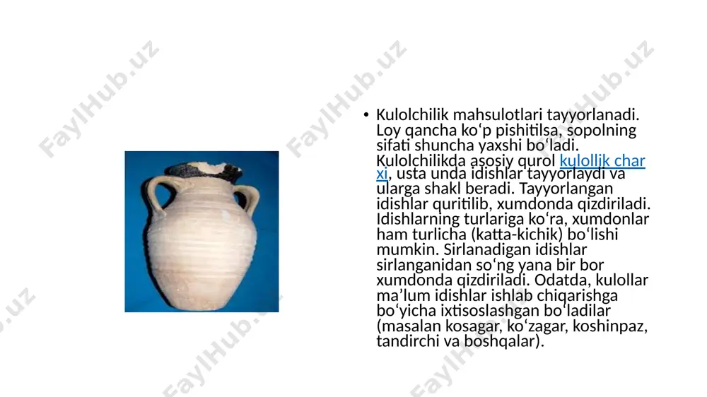 ga ehtiyoj qolmadi. guldon, tovoq, lagan kabi sopol idishlar va buyumlarga ehtiyoj katta. meʼmorlikda ham kulolchilik mahsulotlari (koshin, parchin va boshqalar) keng koʻllanilmoqda. sopol lagan (10-asr, afrosiyob). budrochtepadan topilgan sopol idishlar (surxondaryo). kulollik buyumlari (20-asr). hozirgi kunda badiiy bezatish usuli, shakli va tayyorlanish usullariga koʻra quyidagi kulolchilik maktablari mavjud: fargʻona (asosiy markazlari — rishton, gʻurumsaroy), buxoro-samarqand (asosiy markazlari — samarqand, urgut, gʻijduvon, uba), xorazm (asosiy markazlari — madir, kattabogʻ qishloqlari), toshkent. har bir maktab oʻzining rivojlanish va ijodiy tamoyillari, yetakchi markaz va ustalari, oʻzigagiva xos xususiyatlariga ega boʻlish bilan birga asosiy badiiy umumiylikni ham saqlagan. fargʻona (rishton)da kulolchilikning anʼanaviy badiiy va ishlab chiqarish usullari qayta tiklandi, ishkrrli sir tayyorlash yoʻlga qoʻyildi. m. ismoilov, i. komilov, u. ashurov, u. qosimov, sh. yusupov, a. nazirov, m. saidov va boshqa ustalar yaratgan buyumlar (lagan, kosalar, don mahsulotlari uchun katta xumlar) shakl jihatidan ham, bezak jihatdan ham rangbarangdir. gʻurumsaroy kulolchilik buyumlariga bezakning mahobatli oydinligi …