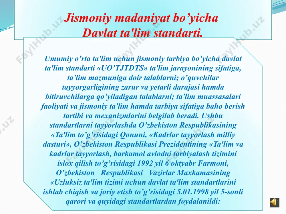 va sport 2 2 - 4 sport o’ynlari 20 4 4 12 - 5 futbol o’yini 12 2 2 4 4 6 kurash 7 suzish jami 68 18 14 20 16 dastur (soatlarda) bo’limlarining o’tkazlishi o’quv soatlari hajmi taqsimoti choraklar kesimida 5- sinflar tr dastur bo’limlari soat 1 2 3 4 5 6 7 8 9 10 11 12 13 14 15 16 17 18 1 bilim asoslari 2 gimnastika 14 x x x x x x 3 yengil atletika 16 x x 4 harakatli o’yinlar 2 x x 5 sport o’yinlari 18 x x x x 6 futbol 12 x x 7 kurash 4 x x 8 suzish 2 jami: soatlar setkasi maktabda jismoniy tarbiya darslarini haftalarga taqsimlash (68-soat) i chorak tr dastur bo’limlari soat 19 20 21 22 23 24 25 26 27 28 29 30 31 32 1 bilim asoslari 2 gimnastika 14 x x x x …