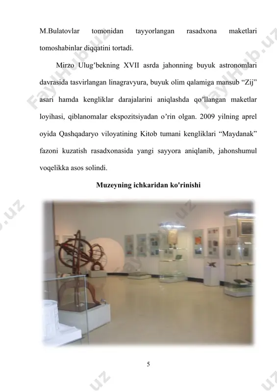 asi, shahrimizdagi maktablar va aholi vakillari ishtirok etib, mirzo ulug‘bek haykali poyiga gulchambar qo‘yildi [5: https://uz.wikipedia.org/wiki/mirzo_ulug%ca%bbbek_memorial_muzeyi] mirzo ulug‘bek tavalludining 628 yilligi arafasida mirzo ulug‘bek muzey-majmuasining katalogi ham nashr qilindi. samarqand davlat muzey-qo‘riqxonasi tomonidan chop etilgan ushbu katalog tarixchilar, muzeyshunoslar va keng jamoatchilik uchun mo‘ljallangan katalog kirish so‘zi bilan boshlanib, unda sharq dunyosida ix-xii asrlarda bunyod qilingan dastlabki rasadxonalar al-xorazmiy faoliyat olib borgan bag‘dod va damashq rasadxonalari, umar xayyom faoliyat ko‘rsatgan isfaxondagi rasadxona, nosiruddin tusiyning marog‘adagi (tabriz yaqinida) rasadxonasi tarixiga to‘xtalib, ushbu ilm maskanlarida erishilgan fan yutuqlari mirzo ulug‘bek tomonidan qunt bilan o‘zlashtirilganligiga to‘xtalib o‘tilgan. xv asrda mirzo ulug‘bek hukmronligi yillarida samarqandda to‘plangan ko‘plab olimlarga ulug‘bek tomonidan homiylik qilinib, ular bilan birgalikda o‘sha davrgacha yozilgan ilmiy asarlarning o‘rganilishi, ularga sharhlar yozilishi va natijada yanada aniq ma’lumotlar olish imkonini beradigan, oldingilaridan afzalroq va aniqroq qurilmalarga ega bo‘lgan yangi rasadxona qurish ehtiyoji paydo bo‘lganligi urg‘ulangan. natijada o‘z davrining yirik allomalaridan “aflotuni zamon”, mavlono …