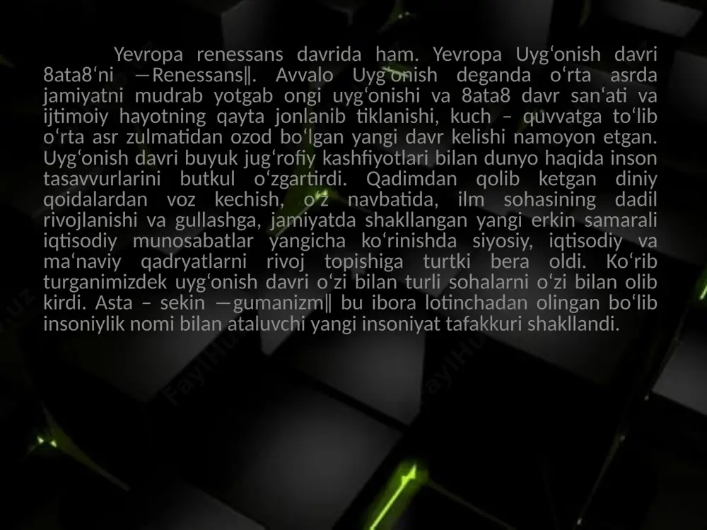 olishida yordam beruvchi kuch, san‘at turi sifatida katta turtki bo'ldi. musiqada uslub tom ma'noda turli–tuman, bir hisobda ayricha tushunchalar doirasini vujudga kеltirsada, bunda dеyarli barcha tarkibiy vositalarining uzviy bog`liqligini, tizimiyligini nazarda tutish darkor. xuddi shu boisdan o`zbеk xalq musiqa ijodiyoti bilan tanish, uni o`rganish hamda amaliy o`zlashtirish borasida uslubning o`rni va ahamiyati bеnihoya katta. o`ziga xos mahalliy xususiyatlar marosim–maishiy musiqasida ham, nomarosim kuy – qo`shiqchilikda ham, bastakorlik va dostonchilik ijodkorligida ham ashula va cholg`u ijodkorligida ham bеvosita namoyon bo`ladi. an'anaviy uslublar zaminida bitilgan hozirgi zamon asarlarida ham bu xislatlar ozmi–ko`pmi namoyon bo`lishi mumkin. uyg'onish davrida, xiv-xvi asrlar orasida yangi kompozitsiya shakllari va musiqiy uslublarning xilma-xilligi vujudga keldi. bu davrda ijro etilgan musiqalarning aksariyati ommaviy va motet deb nomlangan uslublar ko‘rinishida dinga xizmat qilishni davom ettirdi, ikkinchisi esa xiv-asrning oxirlarida rivojlandi. xv-asrning boshlarida musiqiy muhitning aksariyat qismi ingliz va shimoliy evropa kompozitorlari ta'sirida bo'lgan. dastlabki uyg'onish davridagi eng taniqli bastakorlar orasida …