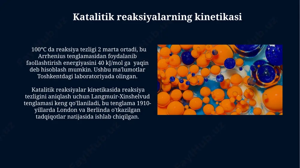 ash reaksiyalarida, 400k da reaksiya tezligini 10^5 marta oshirishi mumkin va bu jarayonlarning sanoatdagi ahamiyati katta, ayniqsa, hindiston va xitoy kabi mamlakatlarda. 200°c da, temir oksid (fe₂o₃) katalizatorida ammiak sintezi jarayoni, haber-bosch jarayonining bir qismi sifatida, germaniyada ishlab chiqilgan va butun dunyo bo'ylab qo'llaniladigan yuqori samarali katalitik jarayonni namoyish etadi. faol markazlarning zaharlanishi nikel katalizatorlari, masalan, metan konvertatsiyasi jarayonida, karbon monoksid (co) ta'sirida zaharlanib, reaksiya selektivligini 30% gacha pasaytiradi, bu esa iqtisodiy nuqtai nazardan yo'qotishlarga olib keladi. germaniyada o'tkazilgan tadqiqotlar shuni ko'rsatdiki, 5% gacha bo'lgan arsenik (as) aralashmalari temir katalizatorlarining faol markazlarini to'liq bloklaydi va ammiak sintezi samaradorligini pasaytiradi. faol markazlarni regeneratsiya qilish faol markazlarni regeneratsiya qilish jarayonida 500°c dan yuqori haroratlarda, masalan, oksford universiteti tadqiqotlarida ko'rsatilganidek, katalizatorning faolligi 80% ga tiklanishi mumkin. temir asosidagi katalizatorlarning faol markazlarini regeneratsiya qilish uchun, masalan, aral dengizi mintaqasidagi zavodlarda, havo bilan oksidlanish usuli qo'llaniladi, bu jarayon taxminan 12 soat davom etadi. faol markazlarning …