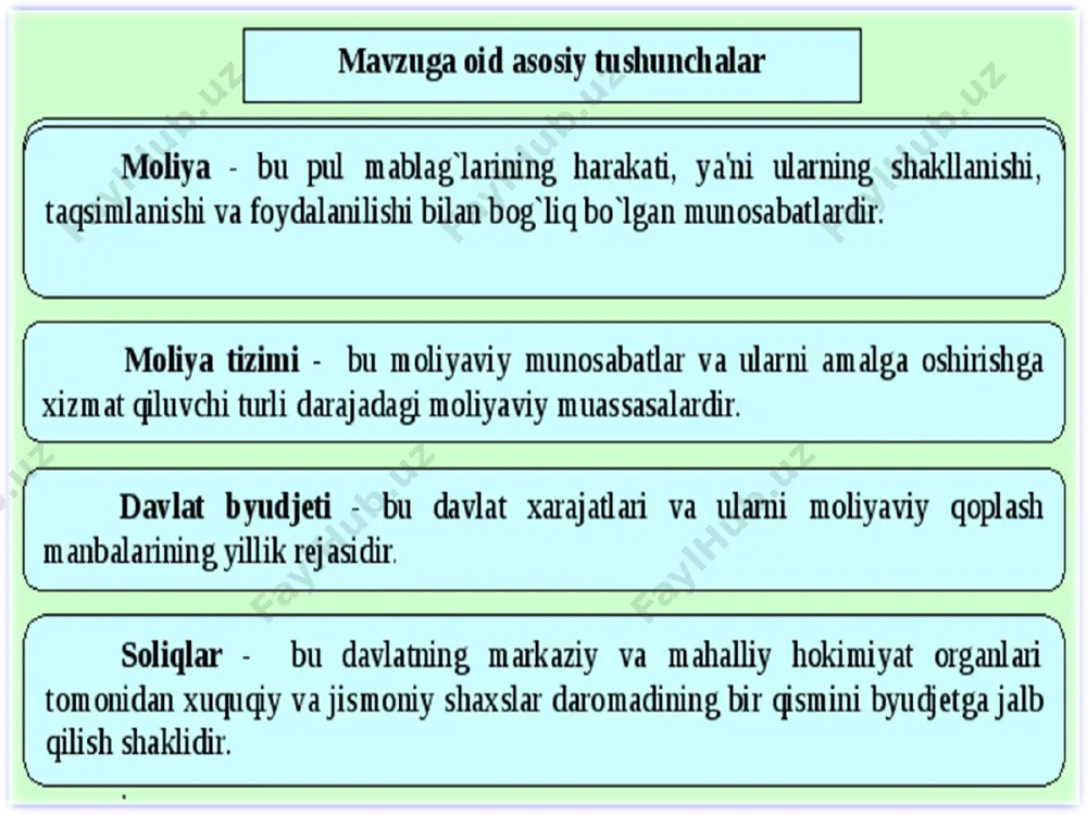 nosabatlarini anglatadi. moliyaning mohiyati uning funksiyalarida namayon bo`ladi va u asosan qo`yidagilarga bo`linadi. 1. taqsimlash funksiyasi. bu funksiya ko`yidagilarda o`z aksini topadi. - yaratilgan yalpi ichki maxsulot dastlab korxonada,uni yaratishda ishtirok etgan xodimlarga, davlat budjetiga (soliq shaklida). -davlat moliyasi orqali har xil fondlarni shakllantirishga. - korxona va boshqalar o`z daromadlarining ma`lum qismini nodavlat va jamoa tashkilotlariga, ular tomonidan turli xayriya fondlarini tashkil etishga. - xayriya fondlaridan kam ta`minlangan oilalarni ijtimoiy ximoya etishga. - xonadonlar moliyasida –yaratilgan daromadni iste`mol va jamg`arma extiyojlariga taqsimlanishi. 2. nazorat funksiyasi – bu funksiya taqsimlash funksiyasi bilan o`zviy bog`lik bo`lib, u moliya munosabatlarining turli tarkibi orasida pul fondlarining shakllanishi va ishlatilishini nazorat qiladi. ushbu funksiyaning bosh maqsadi ijtimoiy ishlab chiqarishni samaradorligini oshirish ,xalq xujaligining barcha bug`inlari ishini yakunlash maqsadida markazlashgan va markazlashmagan pul fondlarini to`g`ri tashkil etilishi va ulardan maqsadga muvofiq foydalanishni taminlashdan iborat. moliyaviy nazorat umudavlat, ichki xo`jalik ,jamoa va mustaqil nazoratlarga bo`linadi. umumdavlat nazorati …