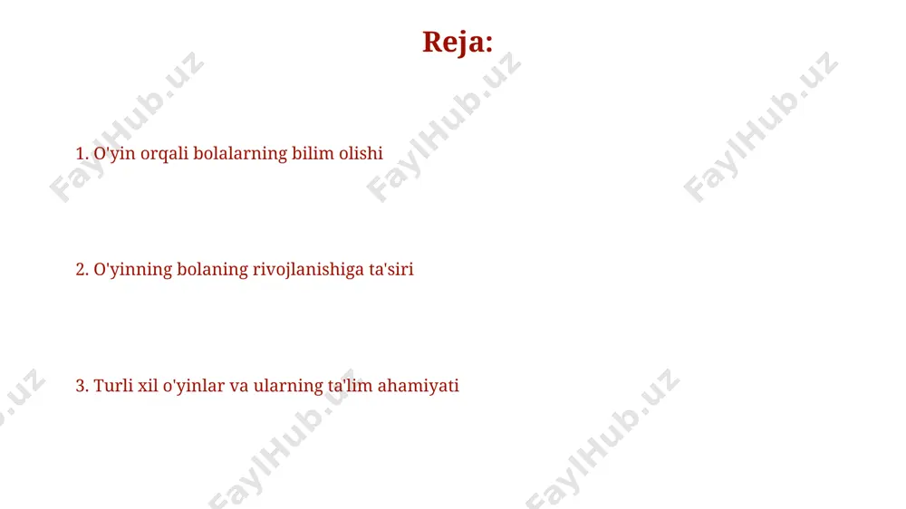 orqali 3-7 yoshli bolalarda 5 ta asosiy hissiy-iruqiy koʻnikma, masalan, muvozanat, koordinatsiya, tebranish va fazoviy idrok shakllanadi, bu esa samarqanddagi bolalar bogʻchasida oʻtkazilgan tadqiqotlar bilan tasdiqlangan. toʻp bilan oʻynash kabi oddiy oʻyinlar, bolaning qoʻl va koʻz koordinatsiyasi rivojlanishida muhim rol oʻynaydi, bu esa 20 ta turli mushak guruhining birgalikda ishlashini taʼminlaydi va toshkentdagi maktabgacha taʼlim muassasalarida kuzatilgan. o'yin orqali ijodkorlikni rivojlantirish lego kabi konstruktorlar yordamida 7-10 yoshli bolalar toshkentda o'tkazilgan tadqiqotlarga ko'ra, murakkab dizaynlarni yaratish orqali muhandislik va texnik tafakkurini shakllantiradi. rol o'ynash o'yinlari, masalan, andijon viloyatidagi maktablarda o'tkazilgan kuzatuvlarda ko'rsatilganidek, ijtimoiy ko'nikmalarni, 20 dan ortiq turli rollarni o'rganish orqali, rivojlantirishga yordam beradi. o'yin orqali muammolarni yechish ko'nikmalarini shakllantirish oʻyinlar yordamida 5-7 yoshli bolalarda muammolarni hal qilish qobiliyatini rivojlantirish uchun 30 dan ortiq turli xil oʻyinlardan foydalanish samarali natijalar beradi, masalan, lego konstruktorlari yoki mantiqiy topshiriqlar. toshkent shahridagi tadqiqotlar shuni koʻrsatdiki, muntazam ravishda oʻyin orqali muammo yechishga jalb qilingan 100 …