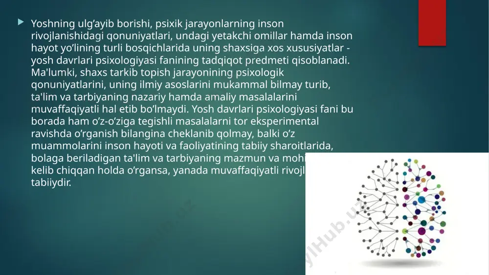 ndir. muallif pedagogik psixologiya, ontogenez psixologiya, umumiy, ijtimoiy psixologiyaga munosib hissa qo‘shgan olimdir. shuni faxr bilan ta’kidlash joizki, ibn sino neyropsixologiya fanining asoschisidir. 4.ontogenez davrlarini tabaqalash nazariyalari psixologiya fanida ontogenezni davrlarga tabaqalash bo‘yicha qator mustaqil nazariyalar mavjud, ular inson shaxsini tadqiq qilishga har xil nuqtai nazardan yondashadi va muammoning mohiyatini turlicha yoritadi. ularga biogenetik, sotsiogenetik, psixogenetik, kognitivistik, psixoanalitik, bixevioristik nazariyalarni kiritish mumkin. quyida mazkur nazariyalar va ularning ayrim namoyandalari ifodalagan yosh davrlarini tabaqalash prinsiplarini ko‘rib chiqamiz. biogenetik nazariyada insonning biologik yetilishi bosh omil sifatida qabul qilingan, qolgan jarayonlarning rivojlanishi ixtiyoriy bo‘lib, ana shu omil bilan o‘zaro bog‘liqdir. mazkur nazariyaga binoan, rivojlantirishning bosh maqsadi biologik determinantlarga (aniqlovchilarga) qaratiladi va ulardan ijtimoiy-psixologik xususiyatlar kelib chiqadi. rivojlanish jarayonining o‘zi, dastavval biologik yetilishning universal bosqichi sifatida talqin qilinadi. e.eriksondir. u insonning umrini o‘ziga xos betakror xususiyatlarga molik 8 ta davrga ajratadi. birinchi davr − go‘daklikda tashqi dunyoga ongsiz “ishonch” tuyg‘usi vujudga keladi. buning bosh …