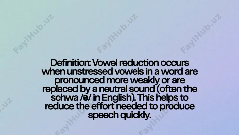 tonation changes (reduction in stress) example: definition: in addition to sound reduction, intonation patterns can change, especially in unstressed parts of sentences, leading to a general reduction in the prominence of certain words. 10. assimilation example: in fast speech, non-content words like "the," "and," and "but" often lose their strong stress and are pronounced more quickly, without much change in pitch. definition: assimilation occurs when sounds in a word become more similar to adjacent sounds. this can affect both vowels and consonants. in english, "green park" may sound like "greep park" because the /n/ sound assimilates to the following /p/ sound. "handbag" might sound like "hambag" because the /d/ sound becomes more like the following /b/. conclusion: example: sound reduction in languages, particularly in rapid or casual speech, serves to make communication faster and more fluid. while reductions can vary widely from language to language, they tend to involve vowel …