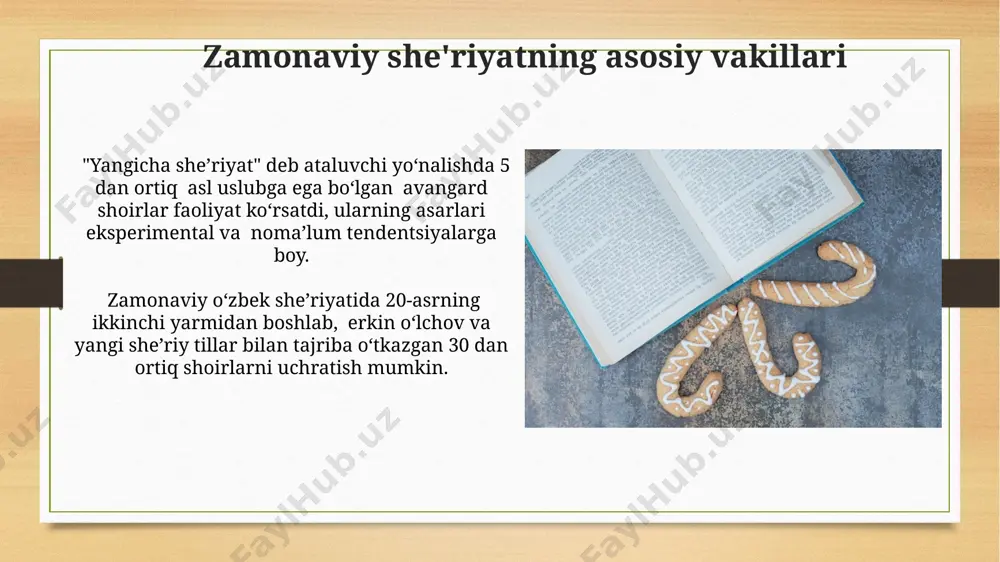 0% ga o'zgartirdi. zamonaviy she'riyatda internetning ta'siri natijasida 2000-yillardan boshlab onlayn adabiyot platformalarining paydo bo'lishi va she'riyatning kengroq auditoriyaga yetishi kuzatildi. vizual she'riyat vizual sheʼriyatning asosiy xususiyati – matnning grafik dizayni orqali maʼno ifodalanishi boʻlib, unda 3 dan ortiq tipografik uslublardan foydalaniladi. vizual sheʼriyatda 20-asrning boshlarida paydo boʻlgan kubizm, futurizm kabi avangard oqimlarning taʼsiri sezilarli boʻlib, rasm va soʻzning uygʻunlashuvi yangi badiiy imkoniyatlarni ochib berdi. milliy o'ziga xoslik milliy o'ziga xoslikning ifodalanishi she'riyatda, lug'aviy boylikning 10% dan ortig'ini tashkil etuvchi mahalliy dialektlar va arxaizm elementlarining faol qo'llanilishi orqali kuchaygan. milliy o'ziga xoslik, she'riyatda 20-asrning 2-yarmidan boshlab, postkolonial nazariyalarning ta'siri ostida, milliy til va madaniy an'analarni qayta kashf etish orqali namoyon bo'ldi. yangi obrazlar va metaforalar falsafiy va ilmiy tushunchalar, masalan, kvant fizikasi yoki post-strukturalizm, 5 dan ortiq she'rda yangi metafora va obrazlarning manbai sifatida qo'llanilgan. zamonaviy she'riyatda 20-asrning ikkinchi yarmidan boshlab yangi obrazlar va metaforalar 30% ga ko'paygan bo'lib, ular …