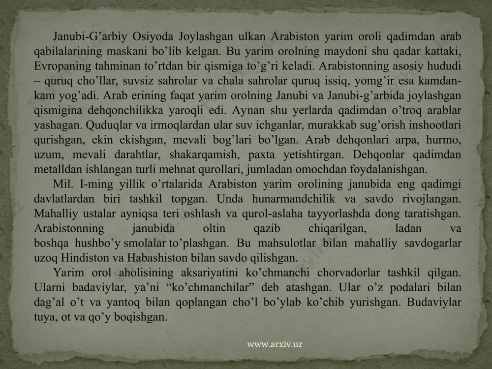 odamlar o’lchovi bilan qaralsa bu mehmonhonalar albatta uncha qulay bo’lmagan, lekin o’sha davrlarda har bir yo’lovchini hudoning tuhfasi sifatida kutib olib, unga eng yaxshi sharoitlar yaratib berishga – qornini to’ydirish va suvga qondirish, dam olishiga imkon berish va uning hizmatkorlari, yuk ortilgan hayvonlari va tovarlari holidan habar olishga harakat qilishgan. biroq arablarni makkaga nafaqat savdo-sotiqa jalb etgan. bu yerda shaharning markazida ularning eng qadimgi ibodatxonasi – kayba joylashgan. u kub shaklidagi inshoot bo’lgan. shuning uchun nomi “kub” deb tarjima qilinadi. ibodatxonda arablar uchun eng muqaddas bo’lgan “qora tosh” saqlangan. www.arxiv.uz www.arxiv.uz muhammad-payg’ambarni buyrug’i bilan majusiylarni ta’zim qiluvchi daraxtni chopib tashlash. u ibodathona devoriga o’rnatilgan. rivoyatga ko’ra, “qora tosh” bir paytlar qordan ham oppoq bo’lgan. olloh uni dastlabki inson odamatoga tuhfa qilgan. odamato toshni kumush gardishga o’rnatgan va ularning ustiga sajdagoh qurgan. biroq shundan beri odamlar qilgan va qilayotgan gunohlari tufayli tosh qorayib ketgan. tosh qarshisida muqaddas buloq zamzam joylashgan. uning …