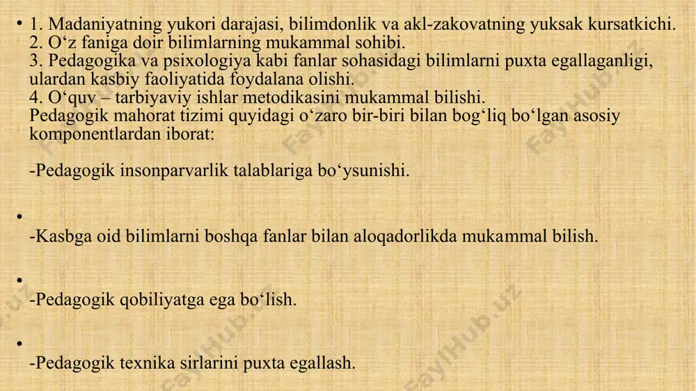 gan bilim, kunikma va malakalarning egallanishi va ularni amalda yukori darajada kullay olinishi kasbiy kompetentlik mutaxassis tomonidan aloxida bilim, malakalarning egallanishini emas, balki xar bir mustakil yunalish buyicha integrativ bilimlar va xarakatlarning uzlashtirilishini nazarda tutadi. shuningdek, kompetensiya mutaxassislik bilimlarini doimo boyitib borishni, yangi axborotlarni urganishni, muxim ijtimoiy talablarni anglay olishni, yangi ma’lumotlarni izlab topish, ularni kayta ishlash va uz faoliyatida kullay bilishni takozo etadi. kasbiy kompetentlik kuyidagi xolatlarda yakkol namoyon buladi: murakkab jarayonlarda; noanik vazifalarni bajarishda; bir-biriga zid ma’lumotlardan foydalanishda; kutilmagan vaziyatda xarakat rejasiga ega bula olishda kasbiy kompetensiyaga ega mutaxassis: uz bilimlarini izchil boyitib boradi; yangi axborotlarni uzlashtiradi; davr talablarini chukur anglaydi; yangi bilimlarni izlab topadi; kasbiy kompetentlik negizida aks etuvchi sifatlar kuyida kasbiy kompetentlik negizida aks etuvchi sifatlarning moxiyati kiskacha yoritiladi. ijtimoiy kompetentlik - ijtimoiy munosabatlarda faollik kursatish kunikma, malakalariga egalik, kasbiy faoliyatda sub’ektlar bilan mulokotga kirisha olish. maxsus kompetentlik - kasbiy-pedagogik faoliyatni tashkil etishga tayyorlanish, kasbiy-pedagogik vazifalarni …
