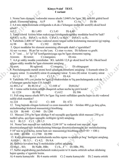 kimyo 9-sinf test — DOCX