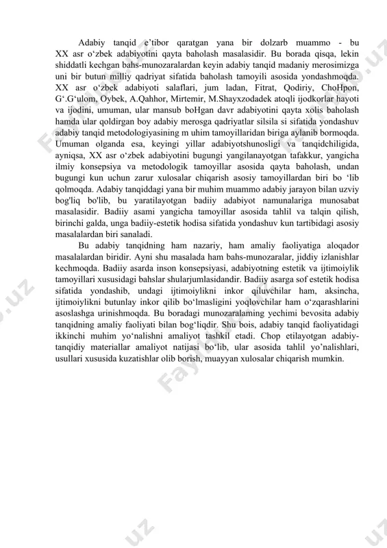 sof estetik hodisa sifatida yondashib, undagi ijtimoiylikni inkor qiluvchilar ham, aksincha, ijtimoiylikni butunlay inkor qilib bo‘lmasligini yoqlovchilar ham o‘z qarashlarini asoslashga urinishmoqda. bu boradagi munozaralaming yechimi bevosita adabiy tanqidning amaliy faoliyati bilan bog‘liqdir. shu bois, adabiy tanqid faoliyatidagi ikkinchi muhim yo‘nalishni amaliyot tashkil etadi. chop etilayotgan adabiy-tanqidiy materiallar amaliyot natijasi bo‘lib, ular asosida tahlil yo’nalishlari, usullari xususida kuzatishlar olib borish, muayyan xulosalar chiqarish mumkin. istiqlol davri o‘zbek tanqidchiligiga xos yangilanish, dunyo adabiyotshunosligiga murojaat etish - bu hol muhim tamoyillardan biriga aylanib bormoqda. x o‘sh, bu jarayon qanday amalga oshmoqda? adabiy tanqiddagi yangilanish nim alarda va qanday nam oyon bo lmoqda? badiiy asar talqinida va yondashuvlarda qanday sifat o zgarishlari yuz ko‘rsatmoqda? masalaga shu nuqtayi nazardan qaralsa, ko‘plab yangilanishlar ko‘zga tashlanadi. chunonchi, bu davr tanqidchiligida, xuddi falsafadagi kabi, badiiy asar talqinida hayot birlamchi, adabiyot ikkilamchi, degan materialistik qarashdan voz kechilib, eng awalo, odamni poetik kashf qilish, odam orqaji olamni anglashga intilish …