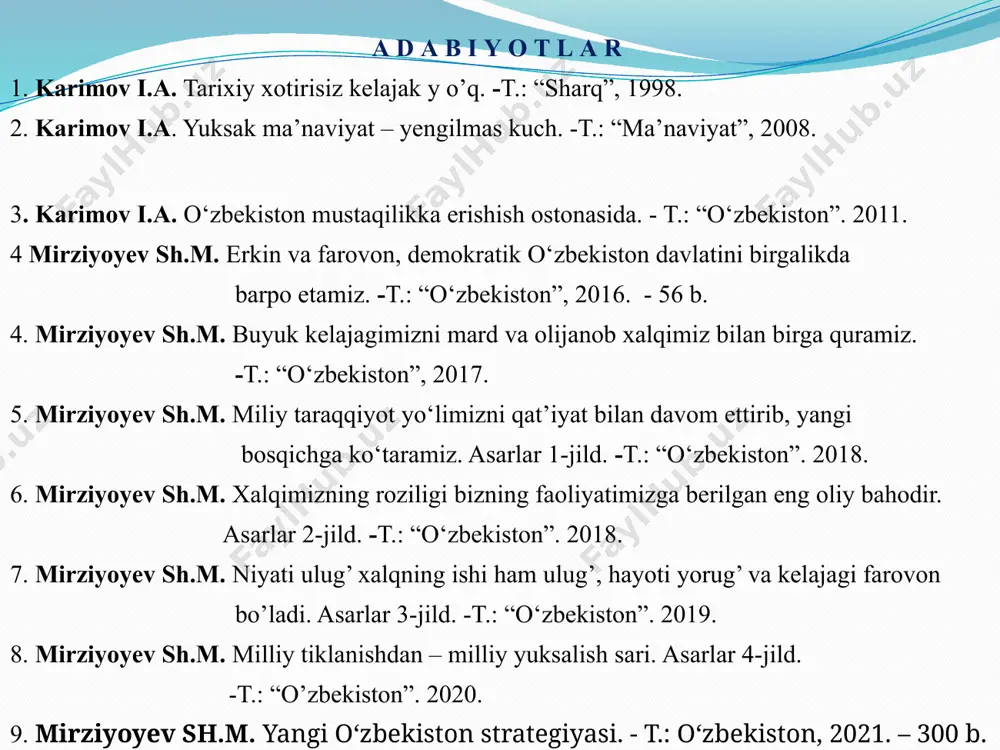 rziyoyev rahbarligida o’zbekistonda “uchinchi renessans” poydevorini yaratish borasida amalga oshirilgan keng ko’lamli islohotlar mazmuni. o’zbekistonning eng yangi tarixi maqsadi: yoshlarni mamlakatimizda milliy istiqlol yillarida kechgan ijtimoiy-siyosiy jarayonlarni mustaqil tahlil qilishga o’rgatish; mazkur jarayonlarning rivojlanish qonuniyatlari, sabab va oqibatlarini tushunish hamda ochib berish orqali yoshlarning ilmiy dunyoqarashini shakllantirish, ularning ma’naviy-ma’rifiy salohiyatlarini yuksaltirish, ajdodlar merosiga sadoqat, vatanga muhabbat ruhiyatini shakllantirish; о‘zbekiston respublikasining birinchi prezidenti i.karimov hamda prezident sh.mirziyoyev rahbarligida amalga oshirilgan islohotlar va undan ko’zlangan maqsad va pirovard natijalar mazmun mohiyatini to’g’ri anglash va tahlil qilish malakasini shakllantirish. o’zbekistonning eng yangi tarixi vazifalari: jahondagi ilg’or, taraqqiyparvar demokratik davlatlarning tajribalarini umumlashtirish asosida xalqimizda yangicha ijtimoiy-siyosiy dunyoqarash madaniyatini shakllantirish; taraqqiyotning umume’tirof etilgan tamoyillariga asoslangan yo’llarni to’g’ri belgilab olishga ko’maklashish, yo’l qo’yilgan xatolarni takrorlamaslik, ulardan zarur xulosa va saboqlar chiqarish; taraqqiyotga, millat kelajagiga xavf soluvchi asosiy omillarni oldindan ko’ra bilish va ularni o’z vaqtida bartaraf etish; qo’shni va dunyo xalqlari bilan hаmjihatlikda, tinch-totuv yashash tamoyillarini …
