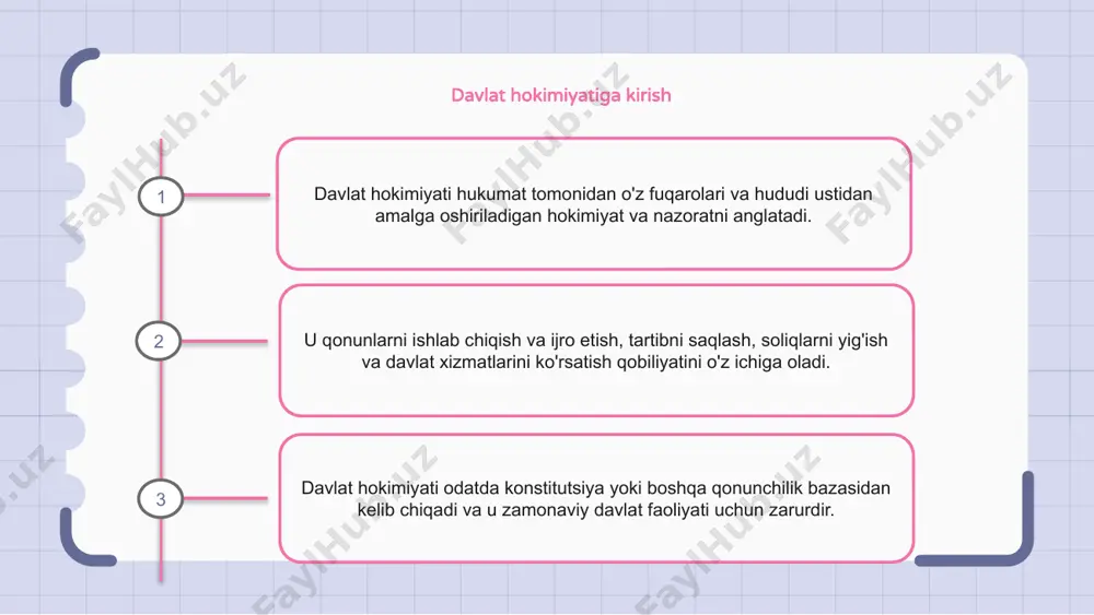 r qiyinchiliklarga duch kelishi mumkin. davlat hokimiyatining ichki muammolari siyosiy norozilik, ijtimoiy tartibsizliklar va iqtisodiy tengsizlikni o'z ichiga olishi mumkin. davlat hokimiyatining kelajagi davlat hokimiyati har doim munozara va spekulyatsiya mavzusi bo'lib kelgan va uning kelajagi yanada noaniq. texnologiya va globallashuvning yuksalishi bilan davlat hokimiyatini amalga oshirishning an'anaviy usullari shubha ostiga olinmoqda. davlat hokimiyati va shaxs huquqlari o'rtasidagi muvozanat kelajakda ham hal qiluvchi masala bo'lib qoladi. e'tiboringiz uchun rahmat