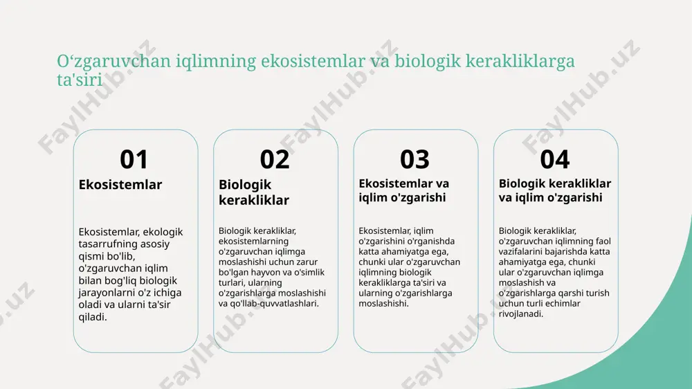 qidiyotlar va tanqidiyotli turli manbalarning qoʻllanilishi muhimdir. bu strategiyalar ekosistemni saqlashda yordam beradi. oʻzbekistonning ekologik mazmunining turli shakllari oʻzbekistonning ekologik mazmuni turli shakllarda paydo boʻladi, jumladan tabiatining tarkibi, biologik nazorati, va yuksalish muhitlari. bu mazmunda bitki va hayvon jinslari, ekosistemalar, va biologik kerakli muammolar keng koʻrsatiladi. photo by francois b. arthanas on unsplash oʻzbekistonning ekologik echimlarining zararlari 1 ekologik echim zararlari - oʻzbekistonda kimyoviy zirakliklar, suv resurslarining israf qilinishi, biologik turlarning yoʻqolishi va quruqlikning oʻrtacha darajada oshishi kabi ekologik echimlar zararli ta'siri ko'rsatadi. 2 biologik turli manbalarning yoʻqolishi - oʻzbekistonda biologik diversitetning kuchayishi va hayvonot xizmatlarining pasayishi tufayli ekologik zararlar kuchayadi, bu esa ekosistemlarning barqarorligini va faolliklarini kuchaytiradi. 3 kimyoviy zirakliklar va atıklar - kimyoviy zirakliklar va atıklar ekologik echimlarga zararli ta'sir ko'rsatadi, suv va toprak resurslarini buzadi, ekosistemlarning tuzilishi va faolliklari darhol o'zgaradi. 4 quruqlikning oʻrtacha darajada oshishi - oʻzbekistonda quruqlikning oʻrtacha darajada oshishi ekologik echimlarga zararli ta'siri bar, …