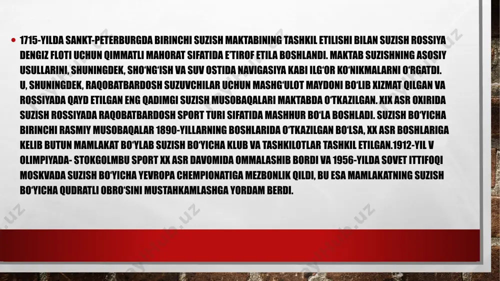 onidan asos solingan butunjahon suv osti faoliyati konfederatsiyasiga (cmas) kirdi. xulosa qadimgi rus davlati — oʻrta asrlarda sharqiy yevropadagi davlat. 9-asrning soʻnggi choragida ryurikovichlar sulolasi knyazlari hukmronligi ostida sharqiy slavyanlarning 2 asosiy markazi — novgorod va kiyev, shuningdek, "varyaglardan greklarga" savdo yoʻli boʻylab joylashgan yerlarni (eski ladoga, gnyozdovo va boshqalar atrofidagi qishloqlar) birlashtirilishi natijasida vujudga kelgan. 882 yil knyaz oleg kiyevni (qadimgi ukraina) bosib olib uni davlat poytaxti qilgan. 988—89 yillarda vladimir i svyatoslavich xristianlikni davlat dini sifatida joriy etgan. shaharlarda (kiyev, novgorod, ladoga, beloozero, rostov, suzdal, pskov, polotsk va boshqalar) hunarmandchilik va savdo rivojlangan; meʼmoriy va yozma obidalar yaratilgan. janubiy va gʻarbiy slavyanlar, vizantiya, gʻarbiy va shimoliy yevropa, kavkaz, oʻrta osiyo bilan aloqalar oʻrnatilib, ular yanada mustahkamlangan. foydalanilgan adabiyotlar ro'yhati 1. sobirova o.a. suzish. toshkent. (o’quv qo’llanma) 1993 yil 2. yegorov a, nurmatov f. suzish va uni o’qitish metodikasi (ma]ruzalar matni) 2002 yil. 3. geyger a.1. po-atxojayeva m.l. suzish …