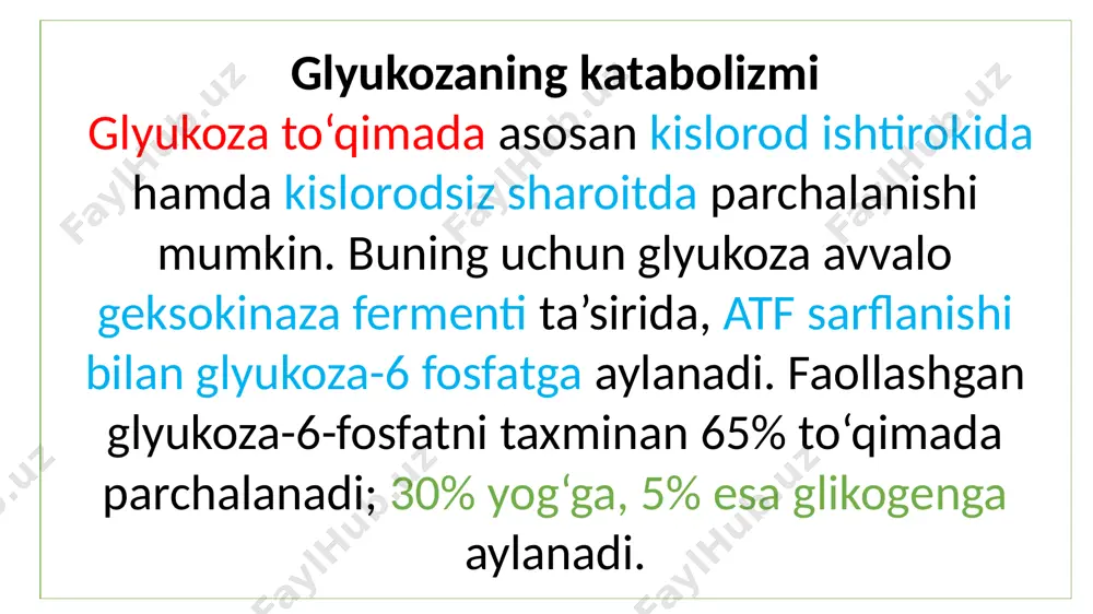 nafas olish zanjiri da oksidlanadi. malat «mokki» mexanizmida esa elektronlarni sitoplazmadan mitoxondriyaga o‘tish uchun nad·h2 sitoplazmadagi shuk (oksaloatsetat) bilan birikib oksidlanadi. malat mitoxondriya membranasidan osongina o‘tib, mitoxondriyaning ichida mdg (malatdegidrogenaza) fermenti ta’sirida oksidlanadi va qaytadan shuk hamda nad·h2 ga parchalanadi; shuk sitoplazmaga o‘tadi, nad·h2 esa mitoxondriyadan to‘qima nafas olish zanjirida oksidlanadi. uglevodlarning anaerob yo‘l bilan parchalanishi (glikoliz va glikogenoliz) uglevodlarning anaerob (kislorodsiz) parchalanishi glyukozadan yoki glikogendan boshlanishi mumkin. glyukozaning anaerob parchalanishi – glikoliz, glikogenniki esa – glikogenoliz deyiladi. har ikki holda ham oxirgi mahsulot sut kislotasi (laktat)dir (58-rasm). glikogenolizda 1-bosqich, ya’ni glikogendan glyukoza-1-fosfat hosil bo‘lishi ortiqdir: qolgan bosqichlari glikoliz bilan bir xil boradi. anaerob parchalanishni glyukoza-6-fosfatdan toki piruvat hosil bo‘lguncha davom etadigan hamma bosqichlari glyukozaning aerob parchalanishi (ya’ni glikolitik bosqich) bilan bir xildir. uglevodlarning anaerob parchalanishi quyidagi bosqichlarda kechadi: glikoliz uchun ikki hodisa xarakterlidir: substratli fosforlanish; 2) glikolitik oksidoreduksiya. substratli fosforlanishni oksidlanish yo‘li bilan fosforlanishdan farqi– bunda membrana va elektronlar …