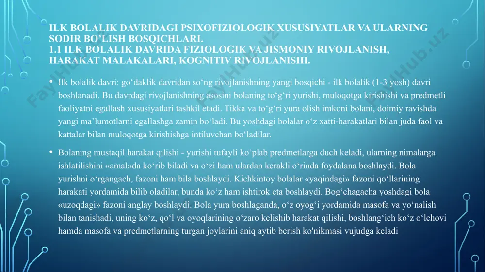 an to 1500 tagacha so‘zni o‘z nutqida ishlata oladi, shuningdek, so‘zlarni ham aniq talaffuz etib, jumlalarni to‘g‘ri tuza oladilar. 1,5 -3 yoshlar nutqning rivojlanishi uchun senzitiv davr hisoblanadi. bola bilan so‘zlashayotganda kattalar so‘zlarni aniq talaffuz etishlari va boladan ham aniq talaffuzni talab etishlari lozim. aqliy rivojlanish, predmetli faoliyat ilk bolalik davrida etakchi faoliyat sifatida rivojlanishi 2.1. ilk bolalik davrida o‘z-o‘zini anglashning ahamiyati. ilk bolalik davridan boshlab bola uni o‘rab turgan predmetlarning xususiyatlarini va ular orasidagi oddiy bog'liqliklarni anglashga harakat qiladi. bu davr aqliy rivojlanishning asosini, idrok va tafakkur harakatlarining yangi ko‘rinishlarini tashkil etadi. 1 yoshli bola predmetlarni izchil, tizimli ravishda ko‘rib chiqa olmaydi. u asosan predmetning qandaydir bir ko‘zga tashlanib turadigan belgisiga o‘z e’tiborini qaratadi va predmetlarni shu belgilariga ko'ra taniydi. keyinchalik yangi idrok harakatlarining egallanishi bolaning predmetli harakatlarini bajarishdan ko‘z bilan chamalab, harakat qilishiga o‘tishda namoyon bo‘ladi, endi u predmetning bo'laklarini ushlab ko‘rmasdan, balki chamalab idrok eta oladi, 2,5-3 …