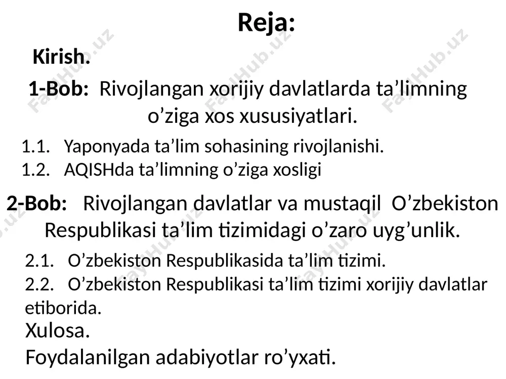 mazmunini yaratish ilg`or ta`lim texnologiyalari va vositalariga asoslangan ta`lim jarayonini shakllantirish asoslarini yaratish ilg`or ta`lim texnologiyasi va axborot-kommunikatsiya vositasi orqali dars o’ta oladigan o’qituvchilar tarkibini yaratish yaponyada o’qv yili – 240 kun aqshda – 180 kun. o’zbekistonda zamonaviy ta’lim tizi hozirgi kunda juda jadal rivojlanmoqda. xulosa shuni xulosa qilish mumkinki o’zbekistonda ta’lim sohasini rivojlantirish bo’yicha xorijiy tajribalardan foydalanishmoqda misol uchun hozirgi kunda o’zimizga masofaviy ta’lim tizimiga o’tishni boshladik. ta’lim tizimiga juda katta etibor qaratilga. malakali kadirlar tayorlash ularni ish bilan taminlash yoshlarni o’qish va siportga jalb qilishga etibor berilmoqda. e’tibor uchun tashakkur buxoro 2016-yil image1.png image2.jpeg image3.jpeg image4.png image5.jpeg