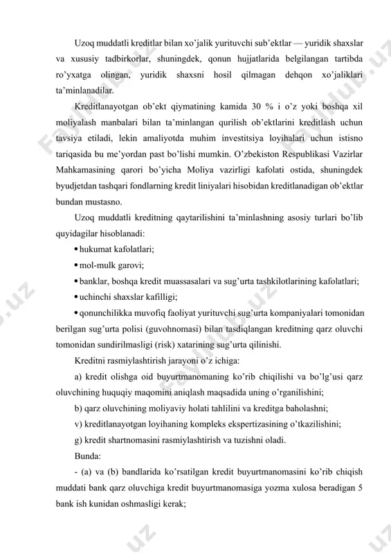 moliyaviy holati tahlilini va kreditga baholashni; v) kreditlanayotgan loyihaning kompleks ekspertizasining o’tkazilishini; g) kredit shartnomasini rasmiylashtirish va tuzishni oladi. bunda: - (a) va (b) bandlarida ko’rsatilgan kredit buyurtmanomasini ko’rib chiqish muddati bank qarz oluvchiga kredit buyurtmanomasiga yozma xulosa beradigan 5 bank ish kunidan oshmasligi kerak; - xo’jalik yurituvchi sub’ektlarning kredit so’rab taqdim etilgan hujjatlar to’plami va arizalari tuman bank bo’limlari kredit komissiyasi tomonidan arizalar kelib tushgan kundan boshlab 10 kundan oshmagan, viloyat kredit komissiyasi tomonidan 15 kundan oshmagan muddatda va markaziy idora kredit ko’mitasi tomonidan 30 kun davomida ko’rib chiqilib, kredit berish yoki bermasligi to’g’risida yozma ravishda xulosa berishlari lozim bo’ladi. (kichik biznes va xususiy tadbirkorlik loyihalariga va markaziy bankning tegishli me’yoriy xujjatlari asosida ko’rib chiqish muddati o’rnatilgan investiyiya loyihalari bundan mustasno). kredit shartnomasi bank bilan qarz oluvchi o’rtasidagi o’zaro munosabatlarning asosi bo’lib hisoblanadi, olingan kreditlar, komissiyalar ularga oid foizlar va penyalar bo’yicha agar shartnomaning o’zida o’zgacha hol nazarda tutilmagan …