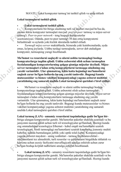 lokal kompyuter tarmoqini tashkil qilish va unda ishlash — DOCX