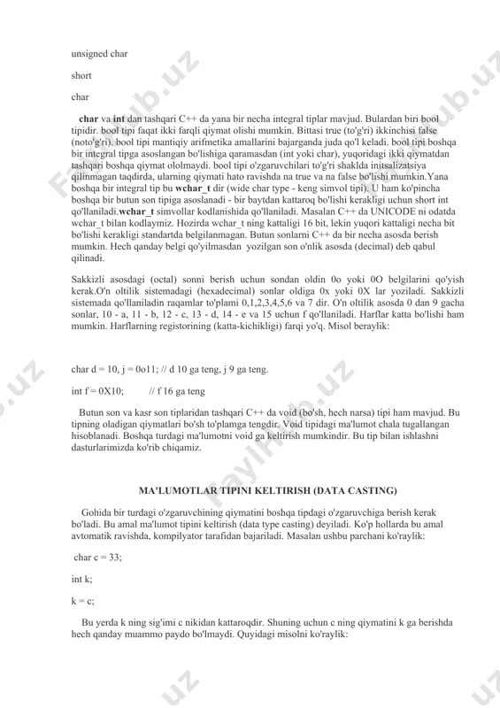 ari quyidagi jadvalda berilgan. ushbu tiplar bilan ishlaganda unsigned(ishorasiz, +/- siz), signed (ishorali) long (uzun) va short (qisqa) sifatlarini qo'llasa bo'ladi. unsigned va signed ni faqat butun son tiplari bilan qo'llasa bo'ladi. unsigned qo'llanganda sonning ishorat biti bo'lmaydi, ishorat biti sonning kattaligini bildirish uchun qo'llaniladi. masalan char tipida 8 chi, eng katta bir odatda ishorat bitidir. biz unsigned char ch; desak, ch o'zgaruvchimizga faqat 0 va musbat qiymatlarni berishimiz mumkin. lekin oddiy char [-128;127] ichida bo'lsa, unsigned char [0;255] orasidagi qiymatlarni oladi, chunki biz ishorat biti ham qo'llamoqdamiz. huddi shunday unsigned int da (4 baytli) qiymatlar [0;4 294 467 296] orasida yotadi. signed ni ishlatib esa biz ochiqchasiga butun sonimizning ishorati bo'lishi kerakligini bildiramiz. normalda agar signed yoki unsigned qo'yilmasa, tipimizning ishorasi bo'ladi. long int bilan qo'llanilganda 16 bitli int 32 ga aylanadi. bu agar mashina 16 bitli bo'lsa, mashina 32 bitli arhitekturaga ega bo'lsa, int ning kattaligi 4 bayligicha …