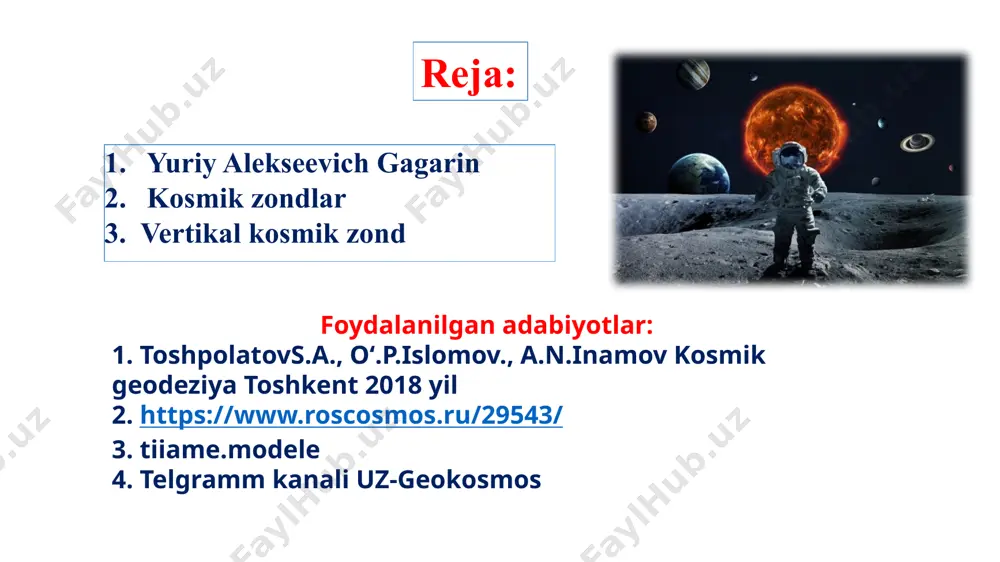 atrofdagi kosmik fazoni va oy sirtidagi obʼyektlarning evolyusiyasi oʻrganildi, oy tuprogining umumiy xossalari tekshirildi, oy massasi va tortishish maydoni haqida maʼlumotlar olindi. oy tuprogʻining mexaniq xossalari, oydagi seysmik sharoitlar oʻrganildi, oyning harakat nazariyasiga oid aniqliklar kiritildi. sayyoralar avtomat apparatlar yordami bilan tadqiq qilindi. 2. kosmik zond uzoq kosmosni oʻrganish maqsadida venera va marsga qator kosmik zondlar uchirildi. venera sirtiga birinchi ilmiy stansiya — "venera-4" qoʻndirildi. "venera-4" va undan keyingi "venera" tipidagi kosmik zondlarning yerga oʻzatgan maʼlumotlariga, asosan, venera sirtining temperaturasi taxminan 400°, atm. bosimi 100 atm. ekanligi, atmosferasi tarkibida, asosan, karbonat angidrid borligi maʼlum boʻldi. yer va quyosh oraligʻidagi kosmik fazoda kosmik nurlar, magnit maydoni, ayniqsa, quyosh radiatsiyasi haqida yangi maʼlumotlar olindi. marsga "mars-2", "mars-3" va "mariner-3" avtomat styalari uchirildi, ular marsning sunʼiy yoʻldoshlari boʻlib qoldilar. "mars-2" dan maxsus kapsula ajratilib, mars sirtiga qoʻndirildi. bunday kosmik zondlar yordamida mars haqida muhim maʼlumotlar olindi. mars sirtining temperaturasi —110, +13° oraligʻida oʻzgarishi, …
