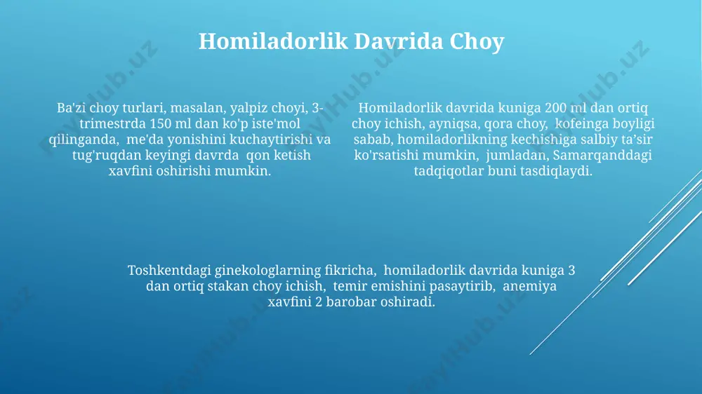 anga 150-200 ml suv qo'shish, va toshkentdagi shifokorlarning tavsiyalariga amal qilish kerak. nerv tizimiga ta'siri choy tarkibida mavjud bo'lgan kofein miqdori 200 mg dan oshganda, o'zbekiston aholisining 15% da asabiylashish va uyqusizlik kabi yon ta'sirlar kuzatiladi. kuniga 5 dan ortiq stakan kuchli choy iste'mol qilish, ayniqsa, toshkentdagi katta yoshdagi odamlarda, yurak urish tezligining oshishi va qon bosimining ko'tarilishiga olib kelishi mumkin. tadqiqotlar shuni ko'rsatdiki, samarqand viloyatida o'tkazilgan tekshiruvlar natijasida kuniga 8 stakandan ortiq choy ichgan 30% ishtirokchilarda asabiy tizimning haddan tashqari qo'zg'alishi kuzatildi. dori-darmonlar bilan o'zaro ta'siri ba'zi dorivor o'simliklar, masalan, 500 mg dan ortiq miqdorda qabul qilingan "ginseng" choy bilan birga iste'mol qilinganda, jigar faoliyatiga salbiy ta'sir ko'rsatishi mumkin, samarqanddagi tekshiruvlar shundan dalolat beradi. surunkali kasalliklar, xususan, 3 dan ortiq yildan buyon gipertenziyasi bo'lgan bemorlarda, kuniga 3 litrdan ortiq choy ichish qon bosimini yana 10-15 mm hg ga oshirishi mumkin, farg'ona viloyati shifoxonalarining kuzatuvlari shuni tasdiqlaydi. choyning ortiqcha iste'moli, …
